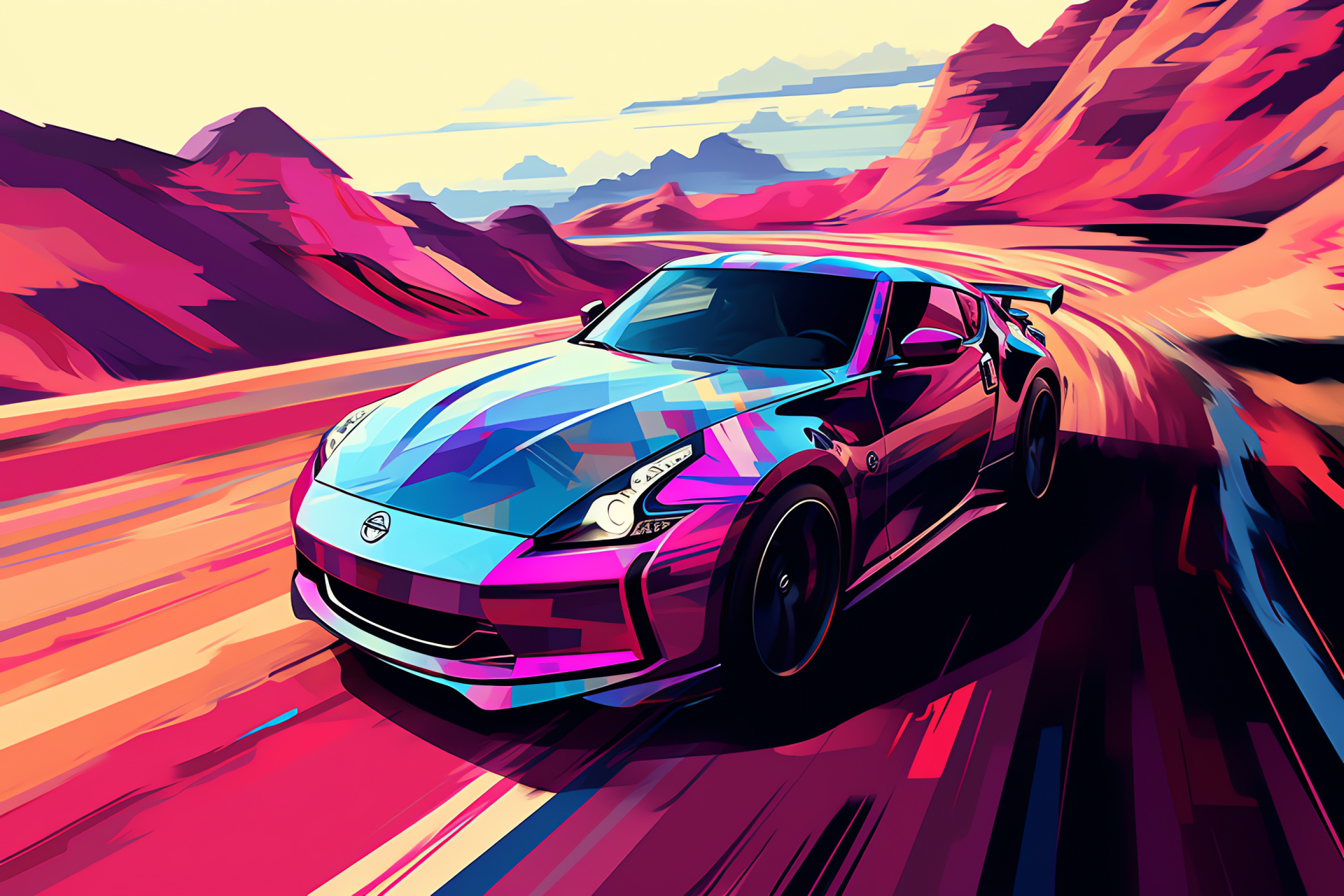 Soaring Nissan 370Z, Unreal topography, High-octane scene, Aero profile, Speed sensation, HD Desktop Image