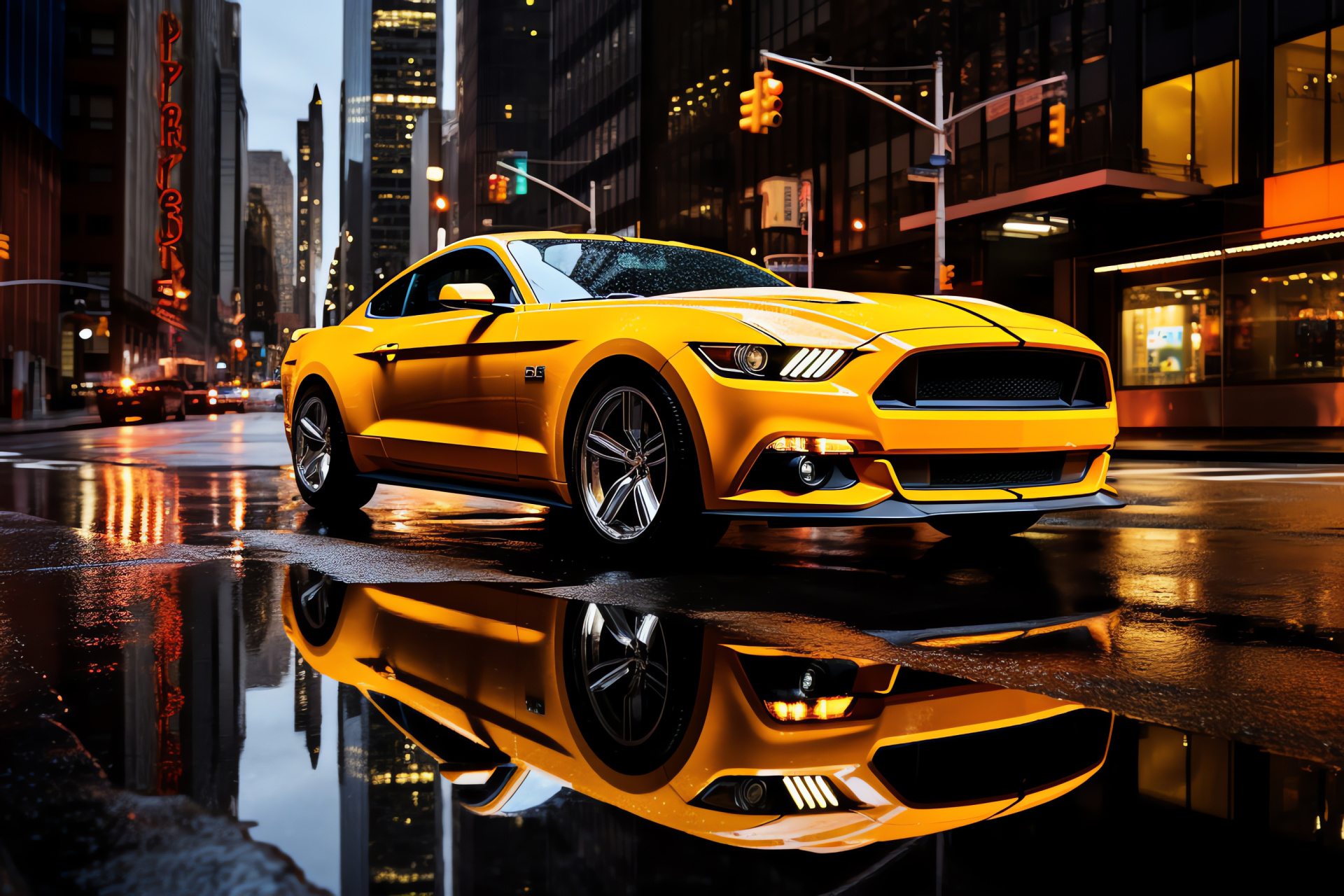 Ford Mustang, New York Cityscape, Urban transport, Metropolitan skyscrapers, Cosmopolitan aesthetic, HD Desktop Image