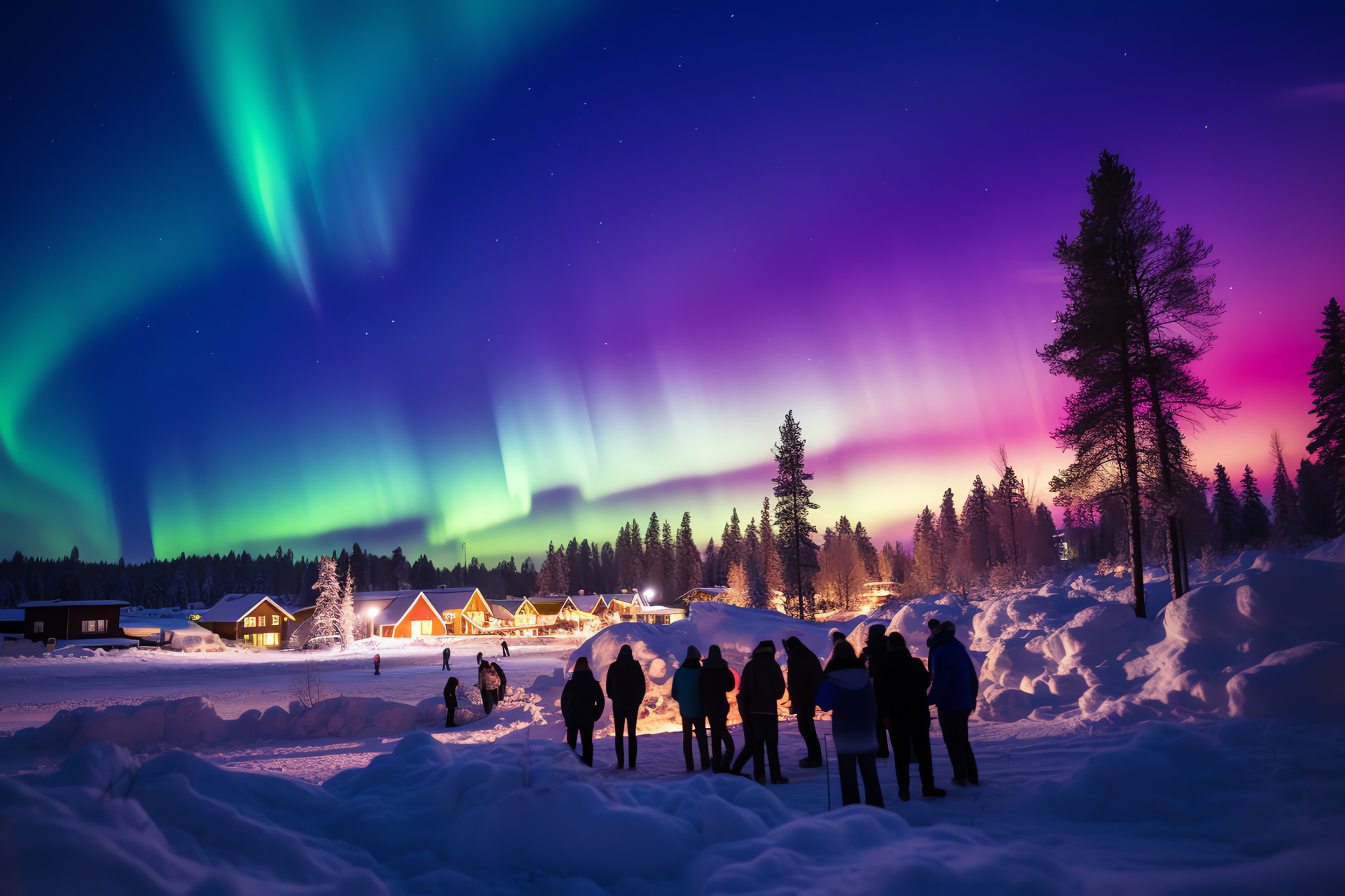 Solstice event, Arctic Circle city, Finnish winter, Aurora Borealis spectacle, Celestial phenomena, HD Desktop Image