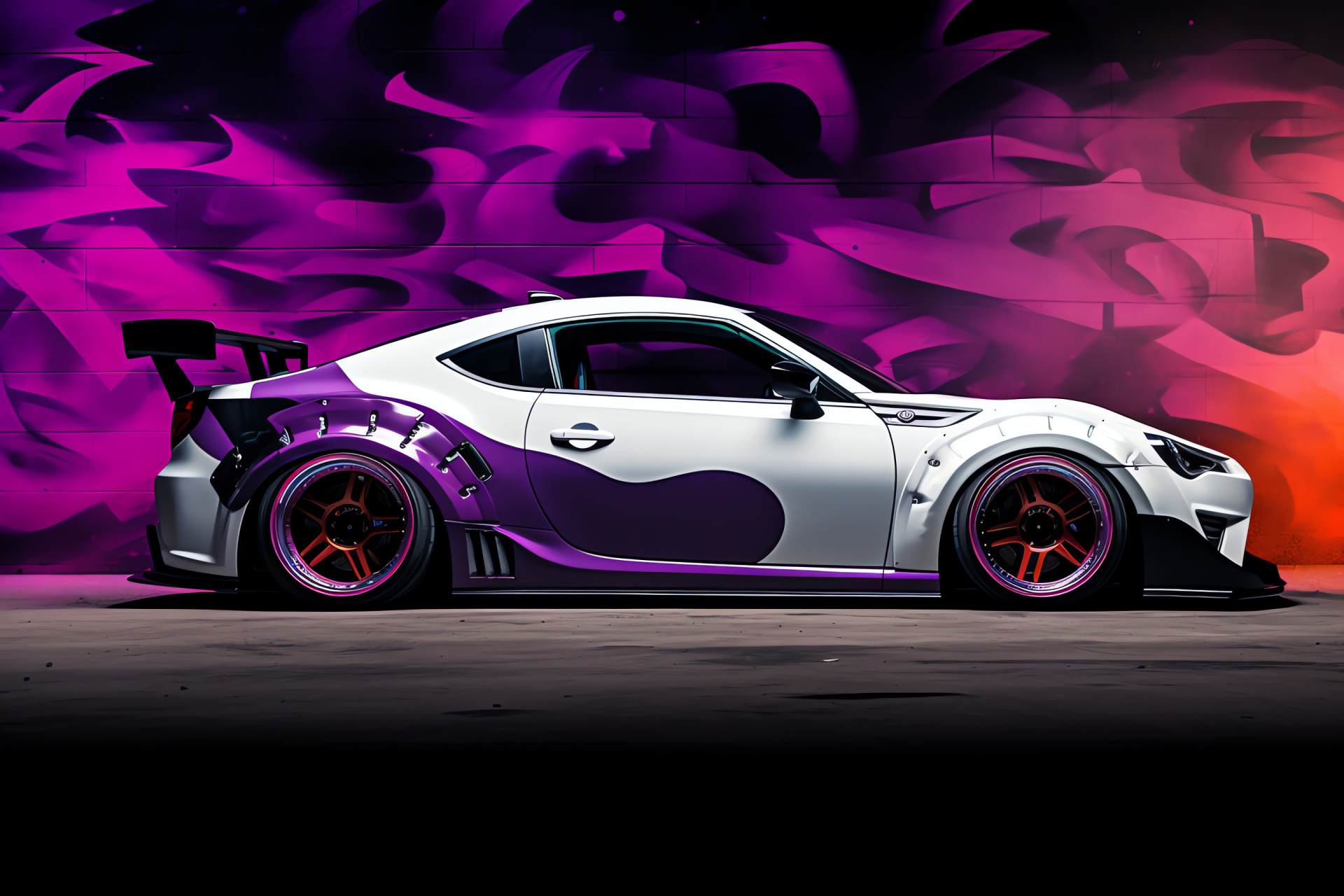 Scion FR-S Rocket Bunny, Profile stance, Tri-color background, Purple, white, black shades, Tuned sports car, HD Desktop Wallpaper