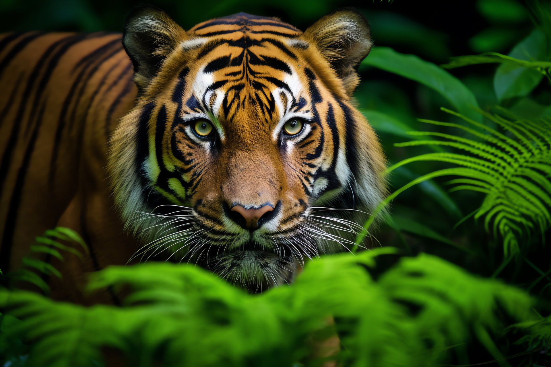 Endangered Sumatran tiger, Indonesian natural habitat, Stealthy jungle predator, Exotic wildlife, Rainforest environment, HD Desktop Wallpaper