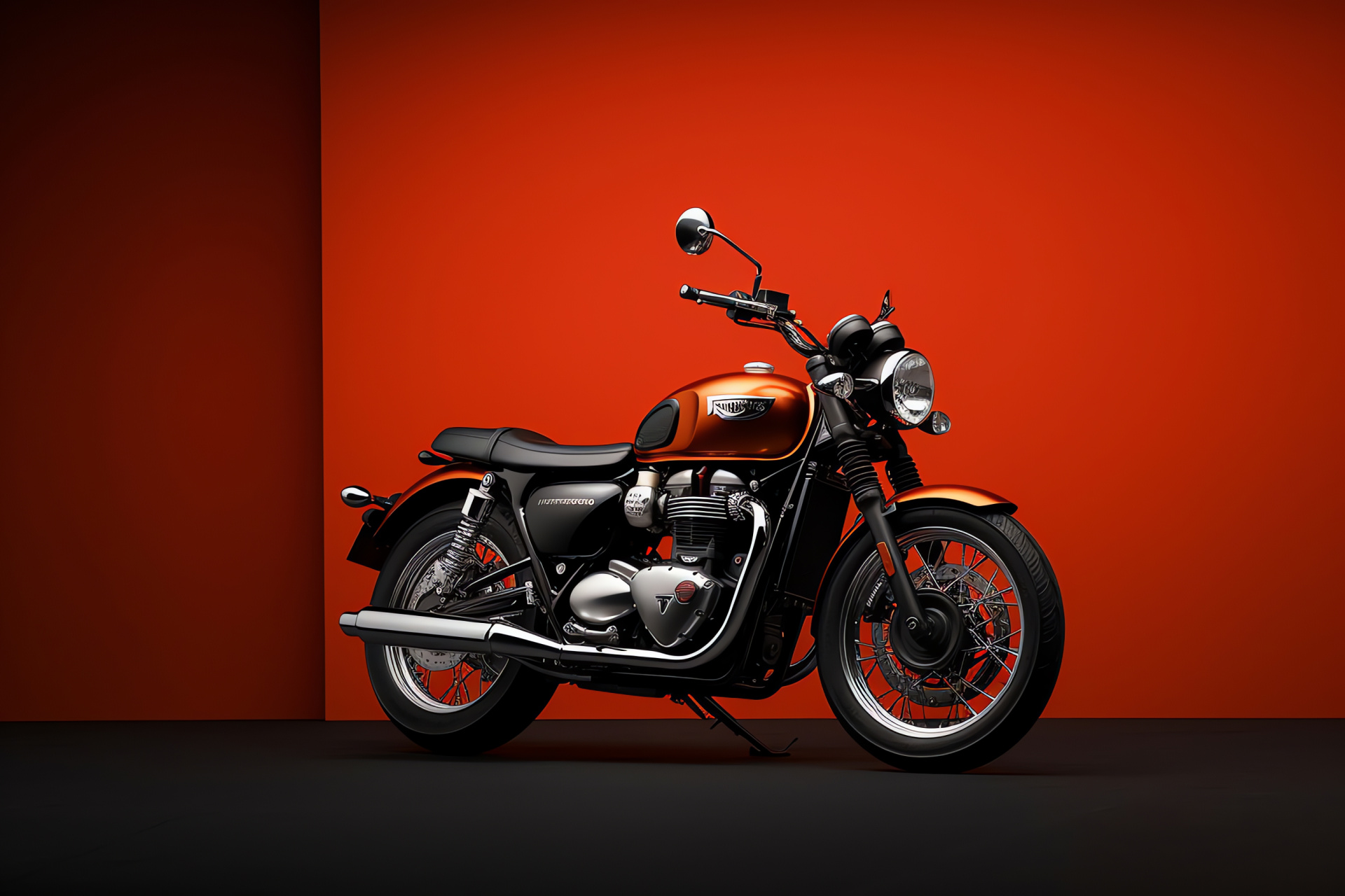 Custom Triumph Bonneville T100, Solid red backdrop, Vibrant orange hue, Custom motorcycle design, Unique profile, HD Desktop Wallpaper