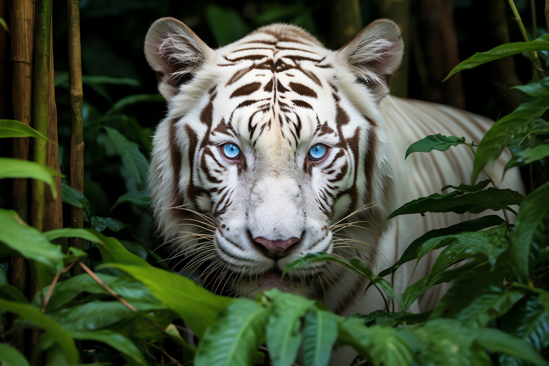 Bengal Tiger, sapphire eyes, snowy fur, sleek coat, tropical forest habitat, HD Desktop Image