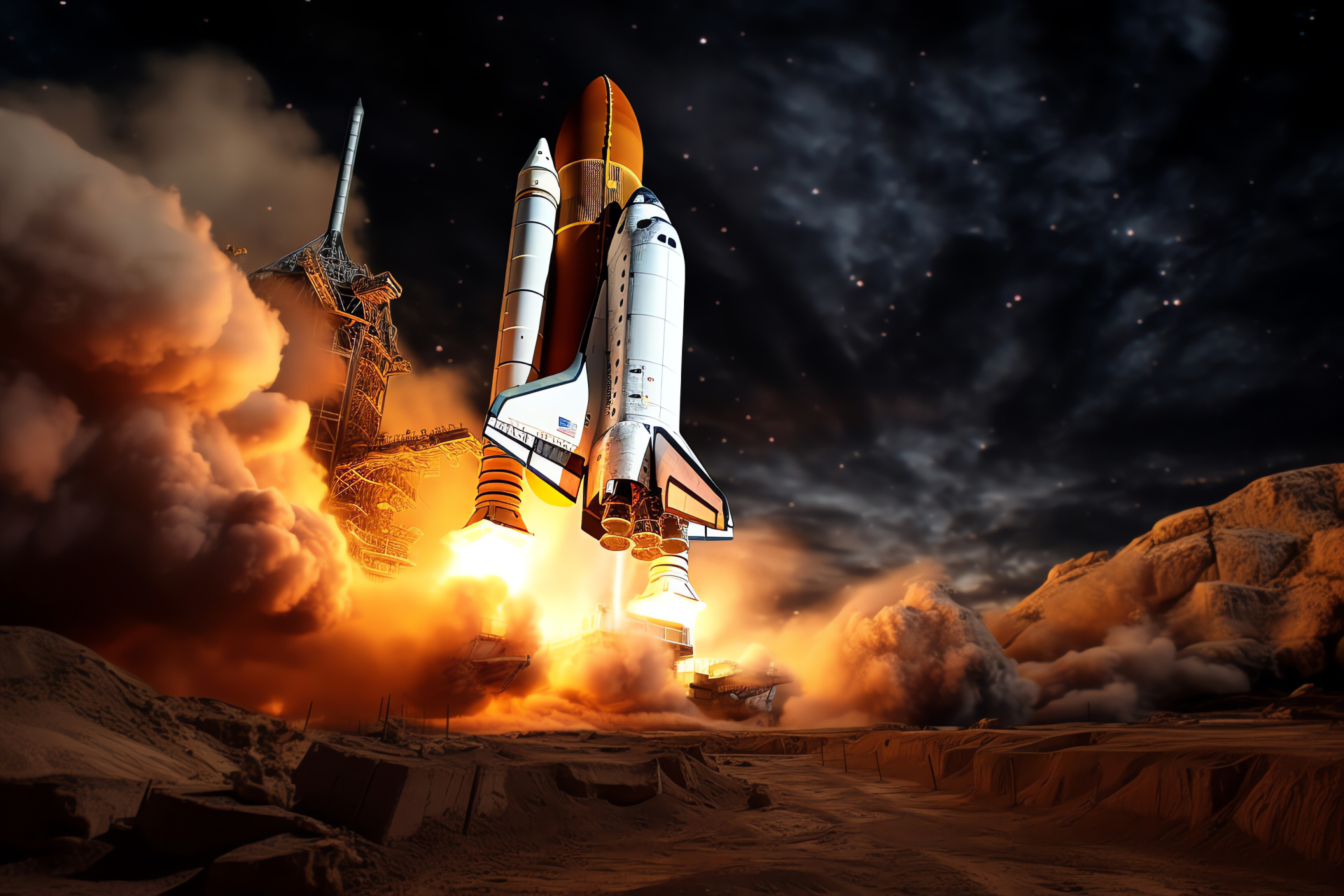 Shuttle ignition sequence, Evening launch event, Rocket propulsion, Fiery ascent, Space-bound traveler, HD Desktop Image