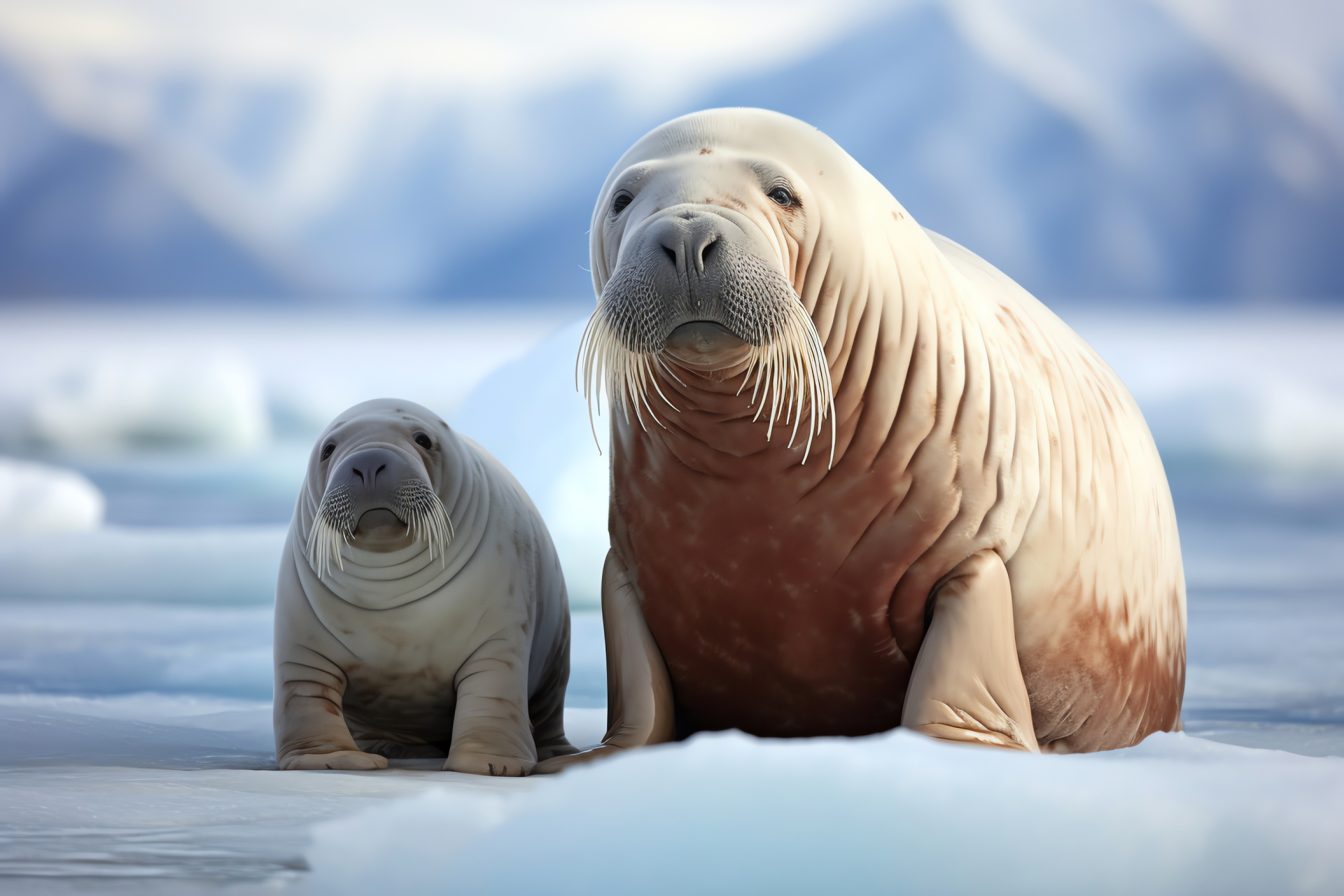 Walrus family, marine mammals, Arctic wildlife, tusked animals, sea creatures, HD Desktop Wallpaper