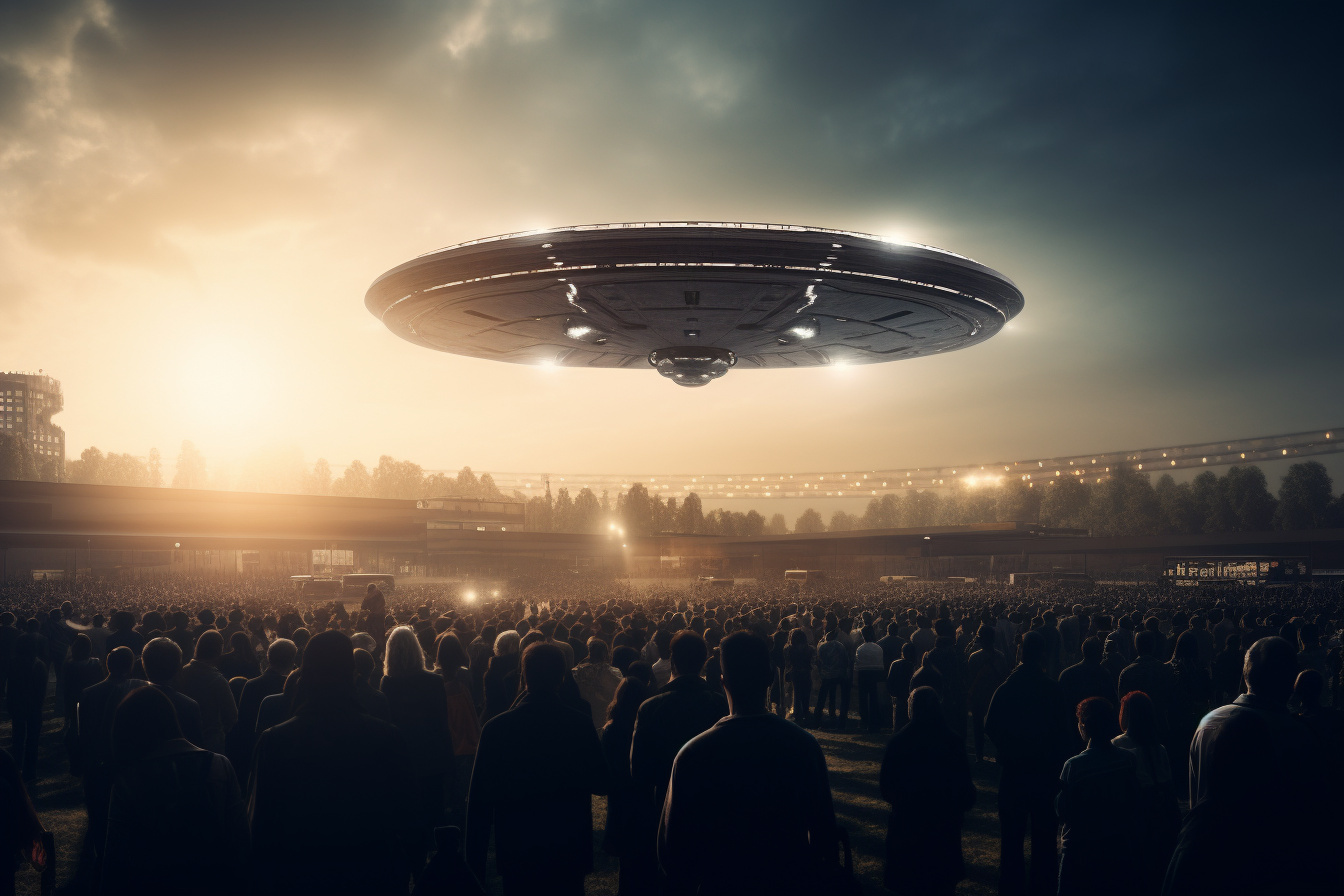 UFO terrestrial intrusion, City skyline visitor, Future-era craft, Populous gathering, Unidentified aerial vehicle, HD Desktop Wallpaper