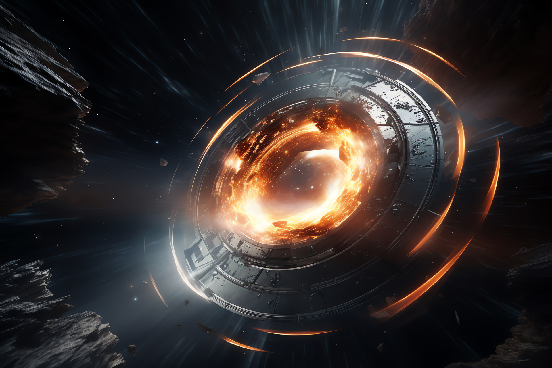 Spacecraft voyage, Cosmic portal, Futuristic design, Event horizon depiction, Energy flux, HD Desktop Wallpaper