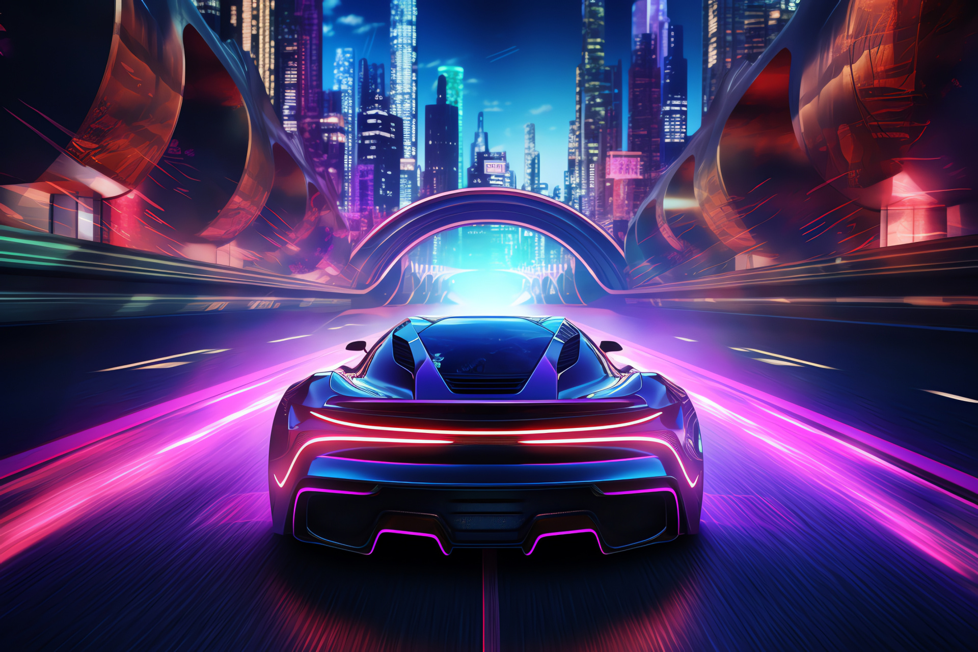 Neon Car, aerial frontal shot, illuminated city structures, sci-fi passage, glowing ambiance, HD Desktop Wallpaper