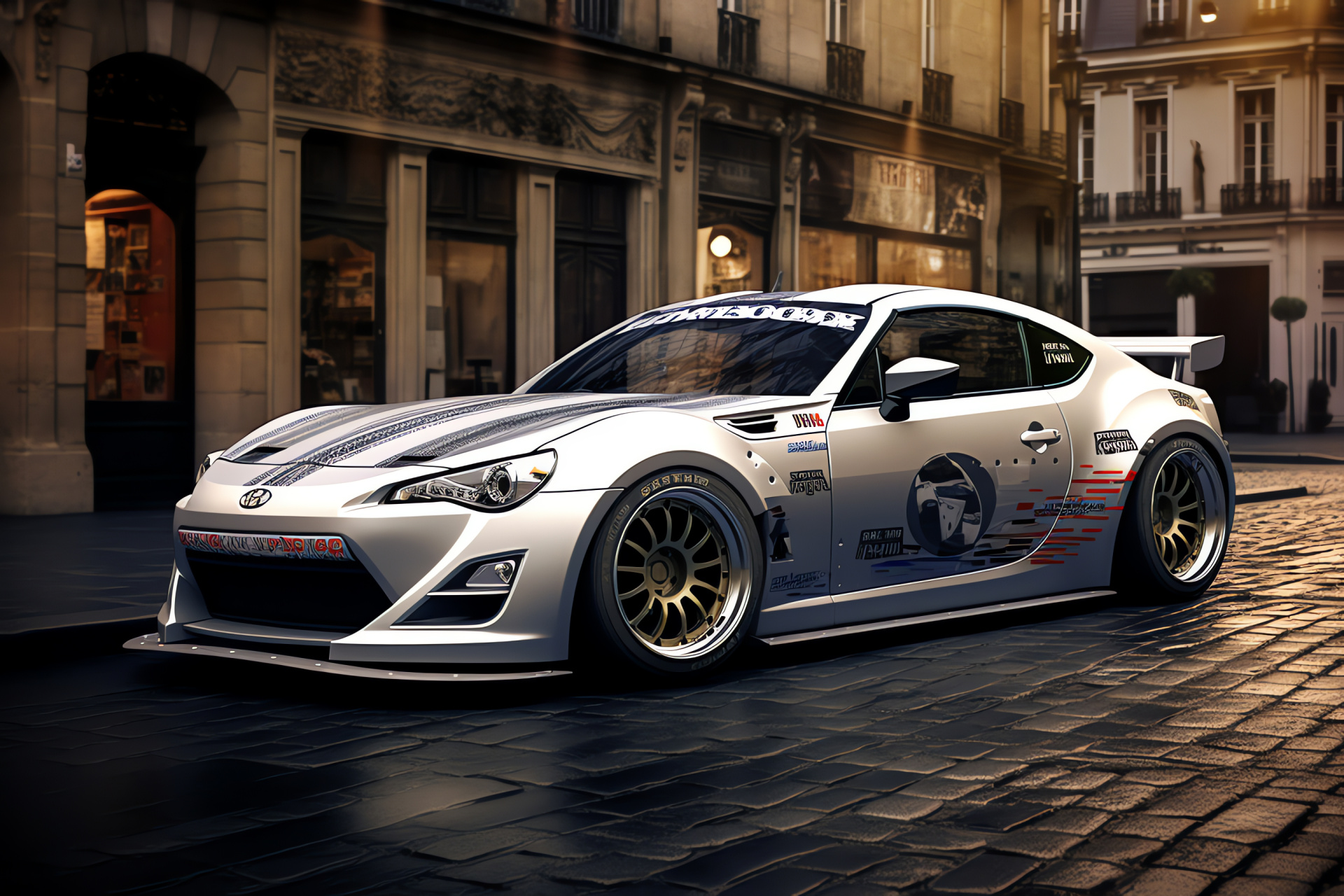 Parisian backdrop, Scion FRS Rocket Bunny edition, lustrous silver coating, French tricolor motif, HD Desktop Wallpaper