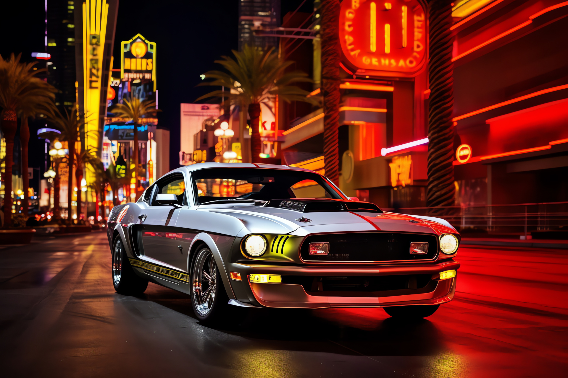 Mustang GT350, Neon Vegas voyage, Cabriolet style, Urban wind flow, Bright cityscape, HD Desktop Image