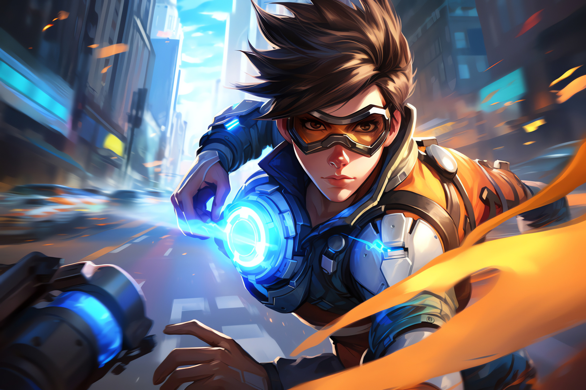 Overwatch game Tracer, Time paradox, Metropolis backdrop, Quest narrative, Aeon shift, HD Desktop Wallpaper