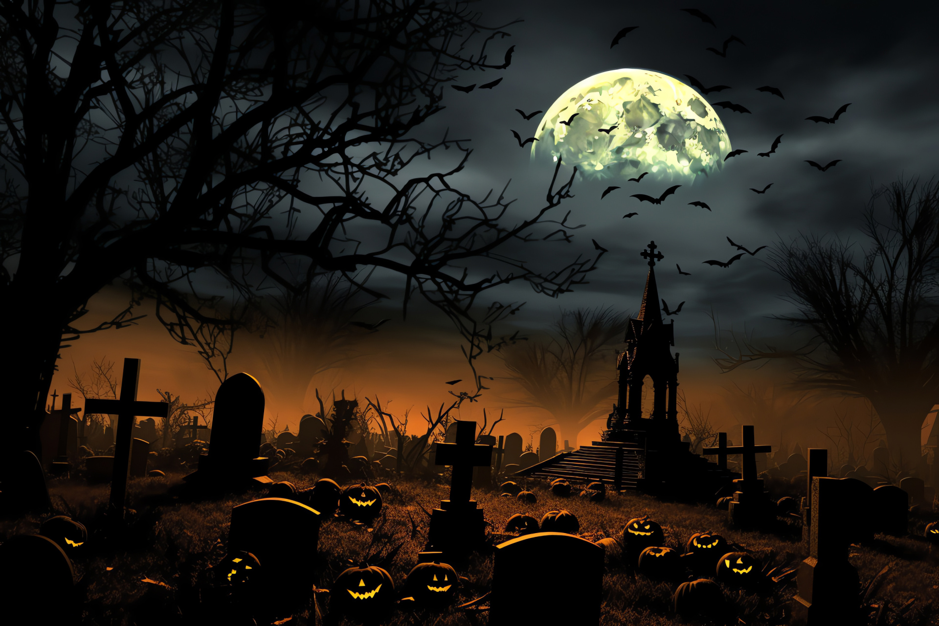 Halloween fright night, Luminous full moon, Graveyard rest, Carved stone tombs, Pumpkin lantern frights, HD Desktop Wallpaper