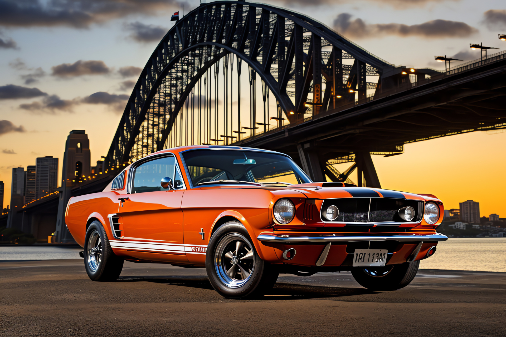 Mustang GT350, Sydney's Harbour Bridge setting, Potent automotive performance, Urban cityscape backdrop, Iconic Australian landmarks, HD Desktop Wallpaper