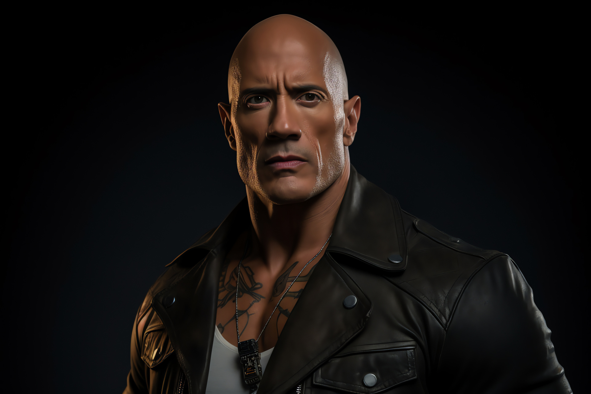 Dwayne 'The Rock' Johnson, Entertaining figure, Muscular build, Warm gaze, Leather apparel, HD Desktop Wallpaper