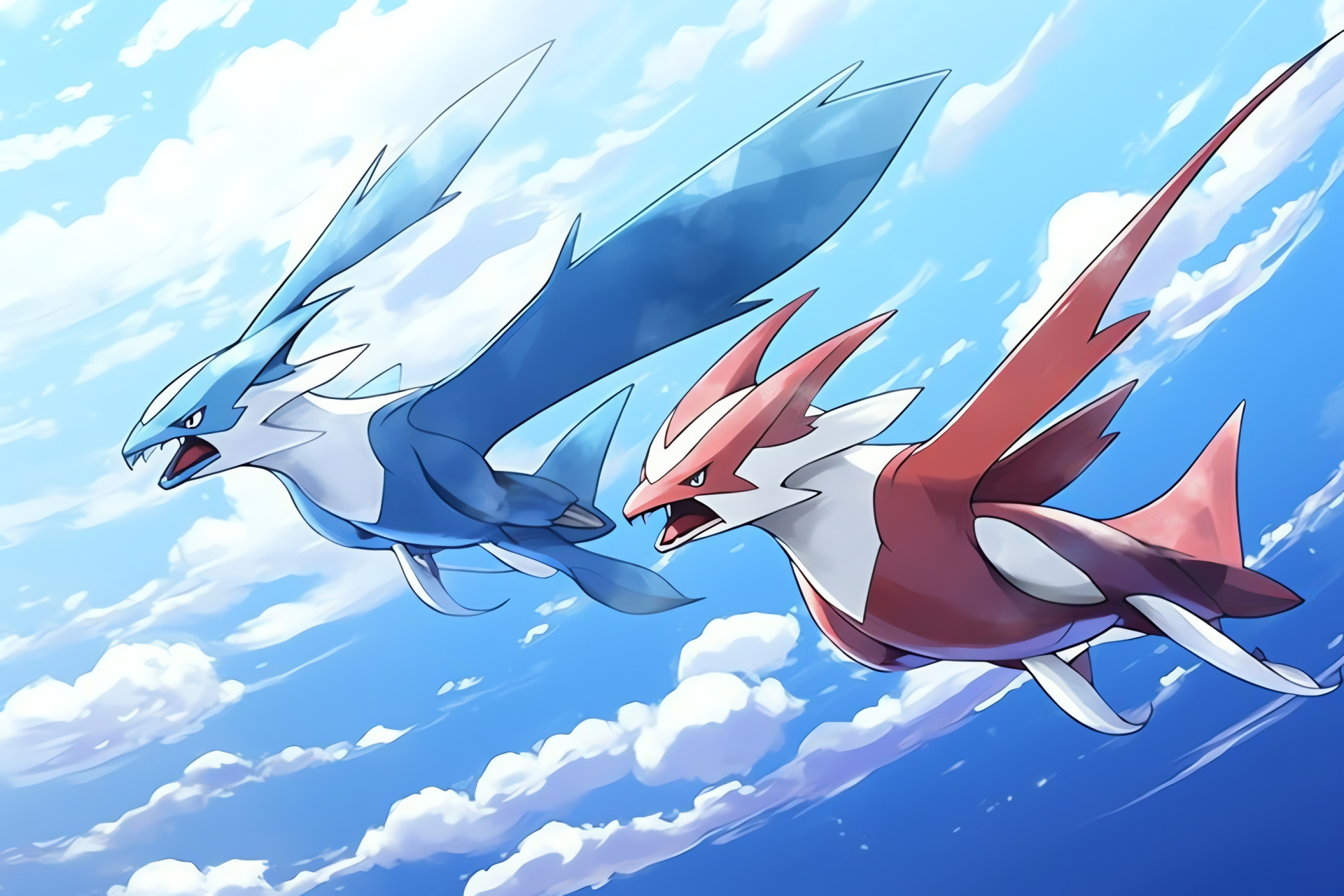 Latios in flight, Daytime guardian, Highflying dragon type, Legendary sky dweller, Serene silhouette, HD Desktop Image