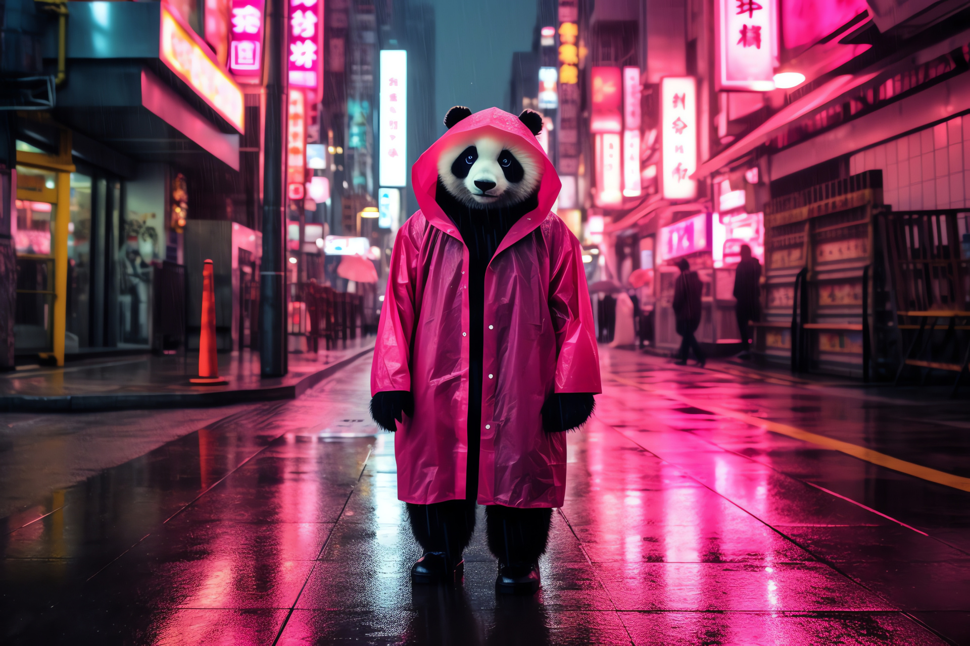 Bear-like Pink Panda, neon fur coat, animal with black markings, glossy fur aspect, illuminated urban scene, HD Desktop Wallpaper