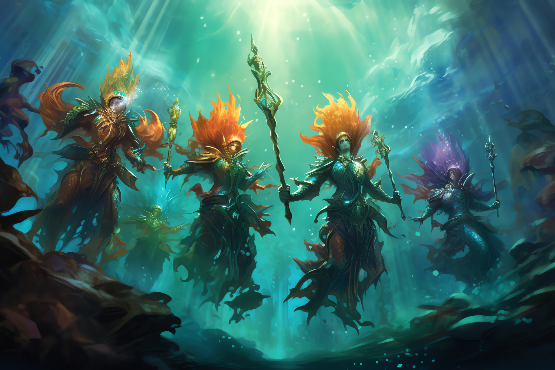 Undersea MTG battle, Merfolk combatants, Aquatic card theme, Glimmering warrior scales, Fantasy gaming scene, HD Desktop Image