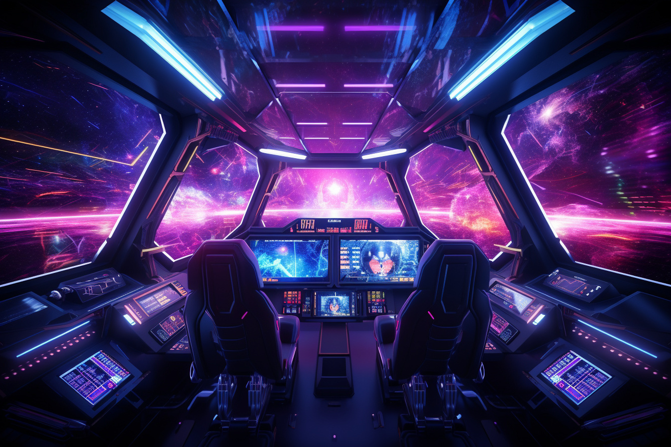 Advanced spaceship bridge, Illuminated control deck, Spectrum hues cockpit, Pilot interface technology, Space cruiser interior, HD Desktop Wallpaper