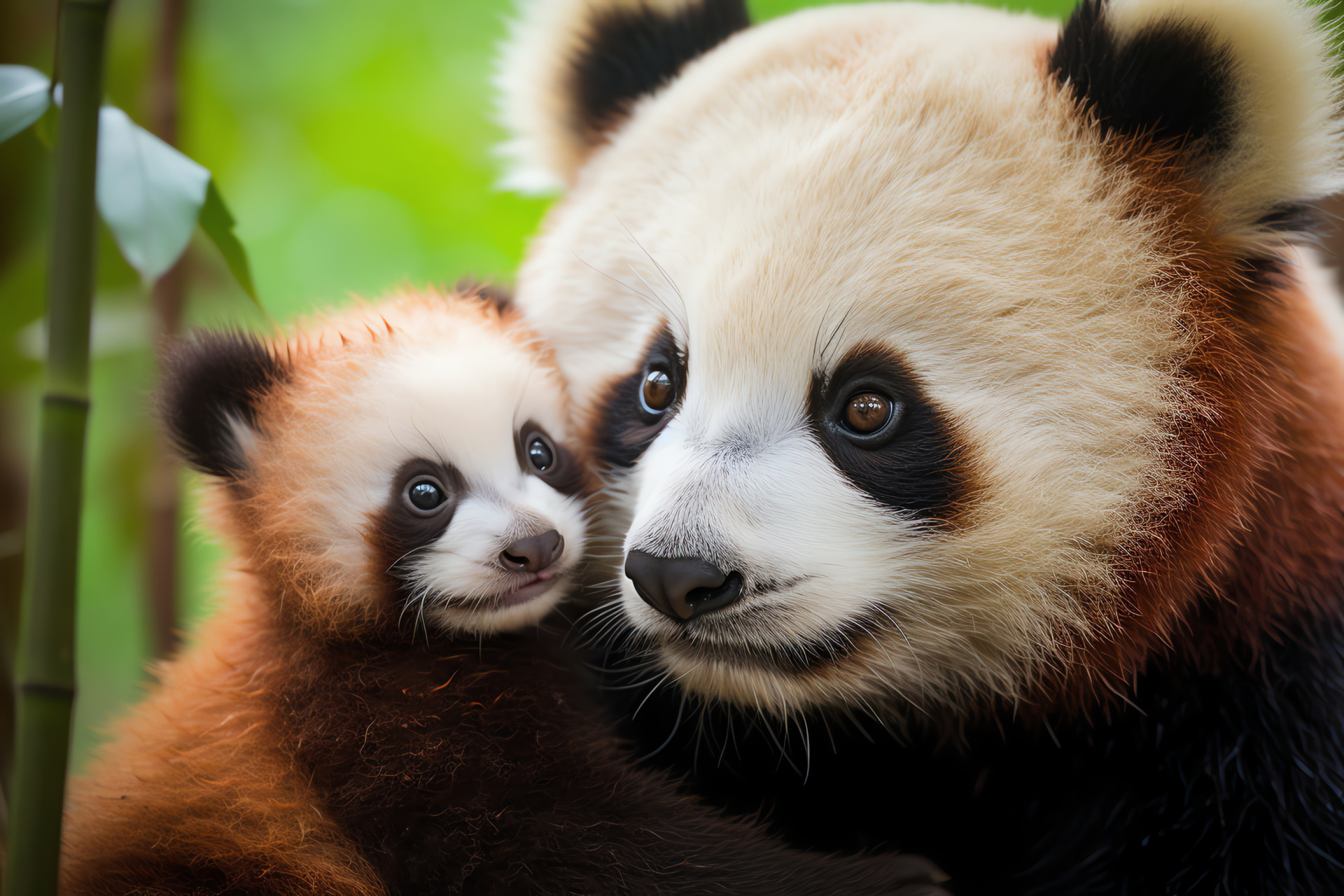 Maternal bond, Panda offspring, Rare animal family, Young panda development, Protective environment, HD Desktop Image