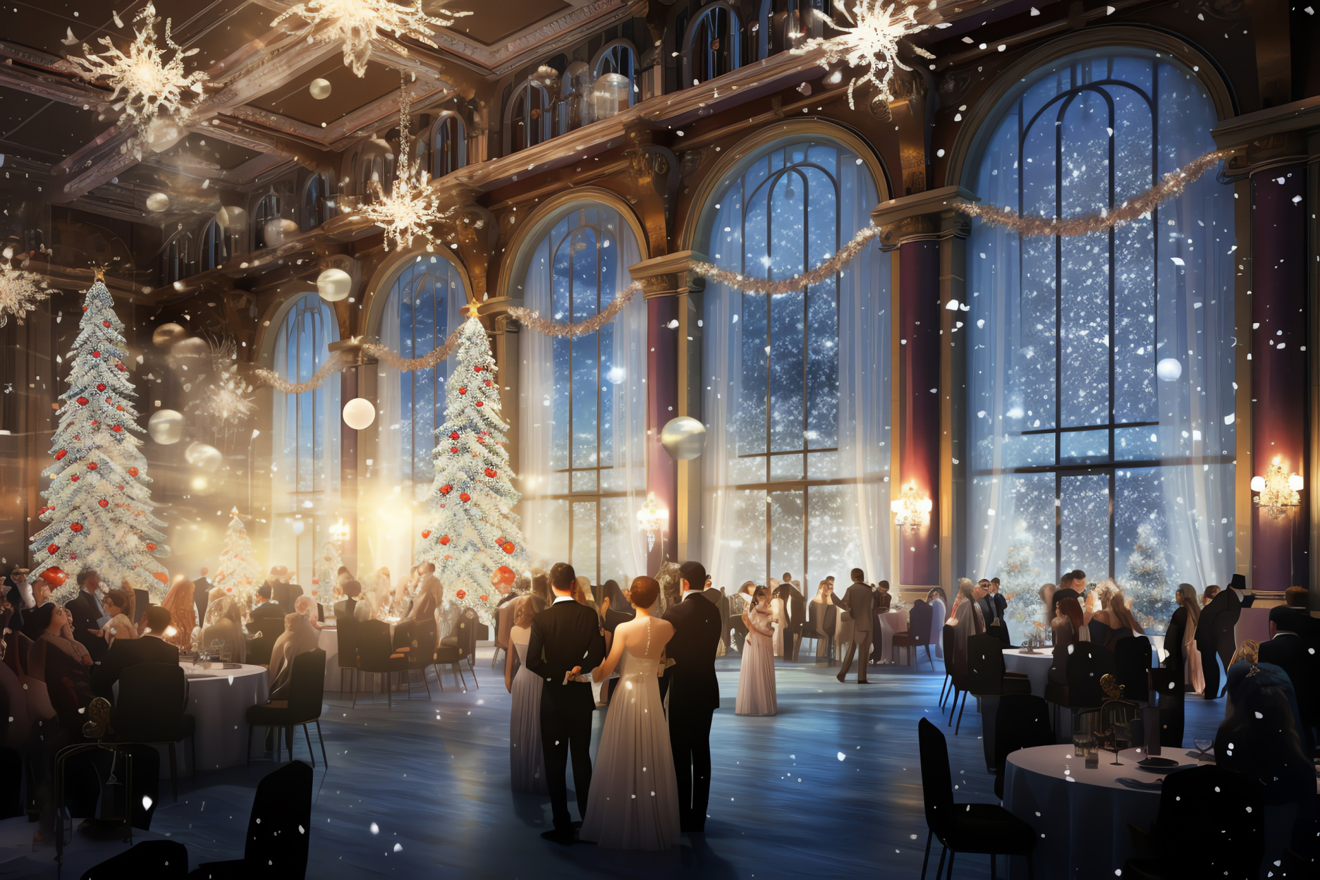 Windows 7 festive theme, joyous season, opulent ballroom, sumptuous decorations, graceful dancing figures, HD Desktop Image