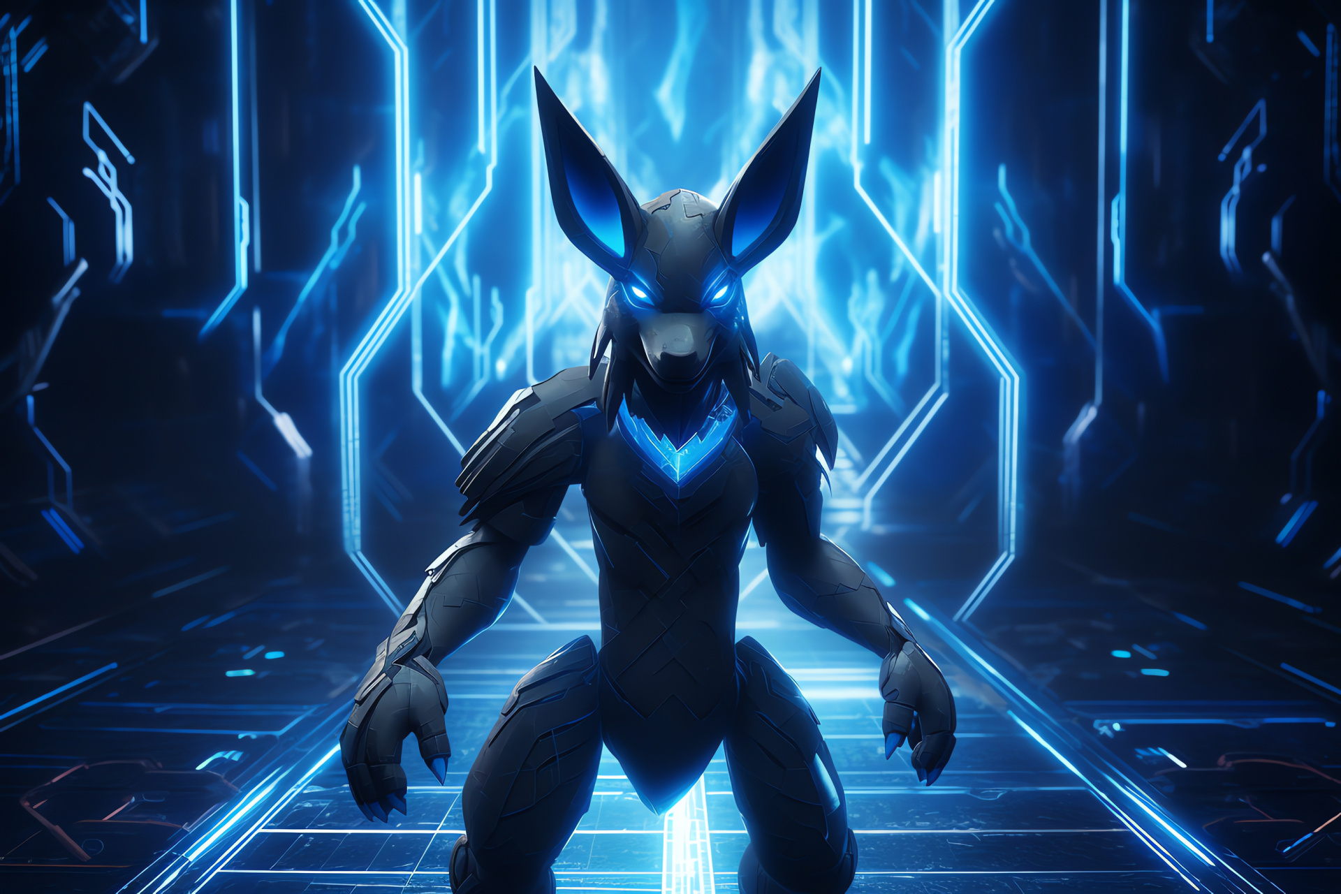 Uplifting Lucario, Pokemon fighter, Blue-eyed Aura wielder, Raised arms, Energy line display, HD Desktop Wallpaper