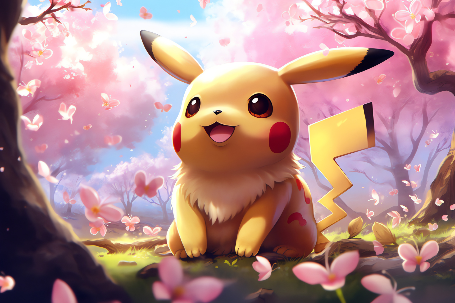 Pikachu, Springtime field, Sakura trees, Flora in bloom, Pastel petals, HD Desktop Image