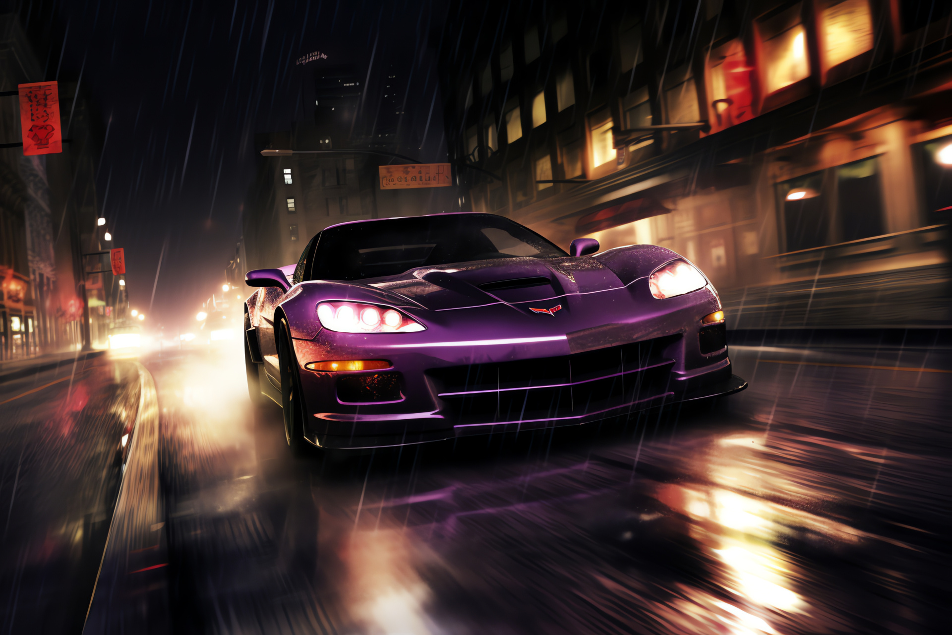 NFS Most Wanted Corvette C6, Nighttime rainfall, Slick road surface, Urban illumination, Racing environment, HD Desktop Image