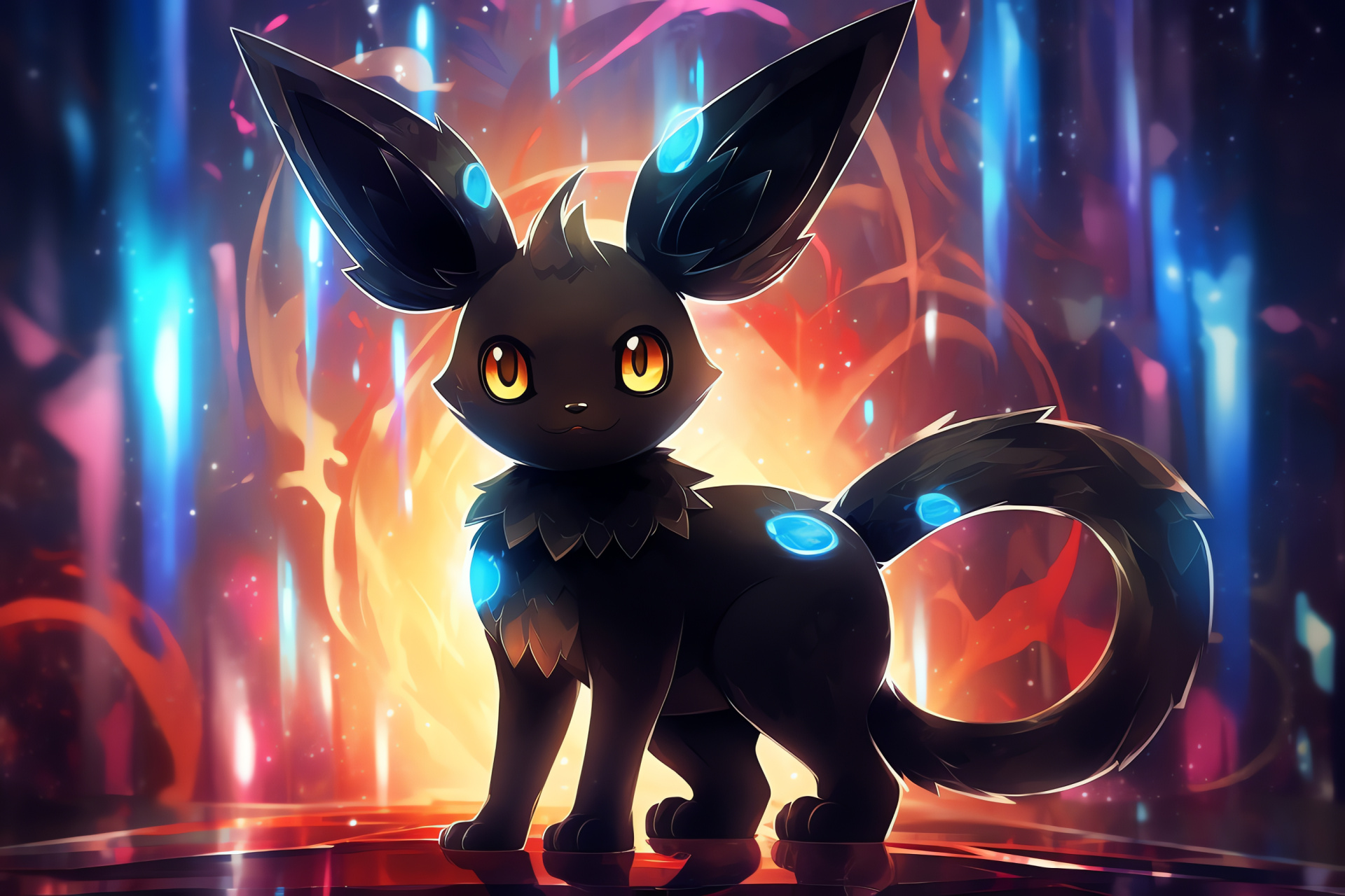 Imposing Shiny Umbreon, Neon spectacle, Umbreon's confident stance, Orange eyes allure, Pokemon presence, HD Desktop Image