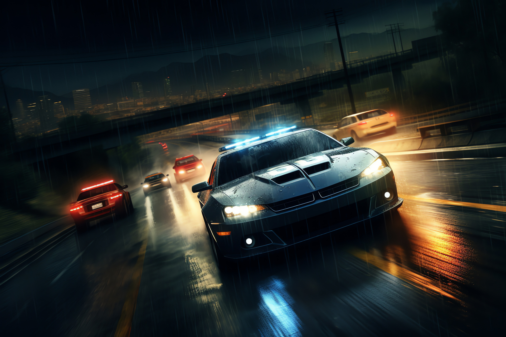 NFS Most Wanted adrenaline, Intense police sprint, Freeway battleground, Inclement weather, Gaming moment, HD Desktop Image