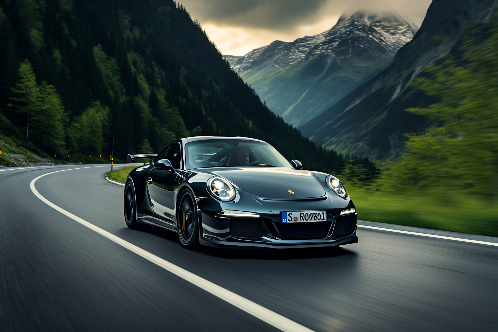 Mountainous backdrop Porsche GT3, Swiss performance, Touring Package vehicle, Alpine design, carbon fiber features, HD Desktop Image