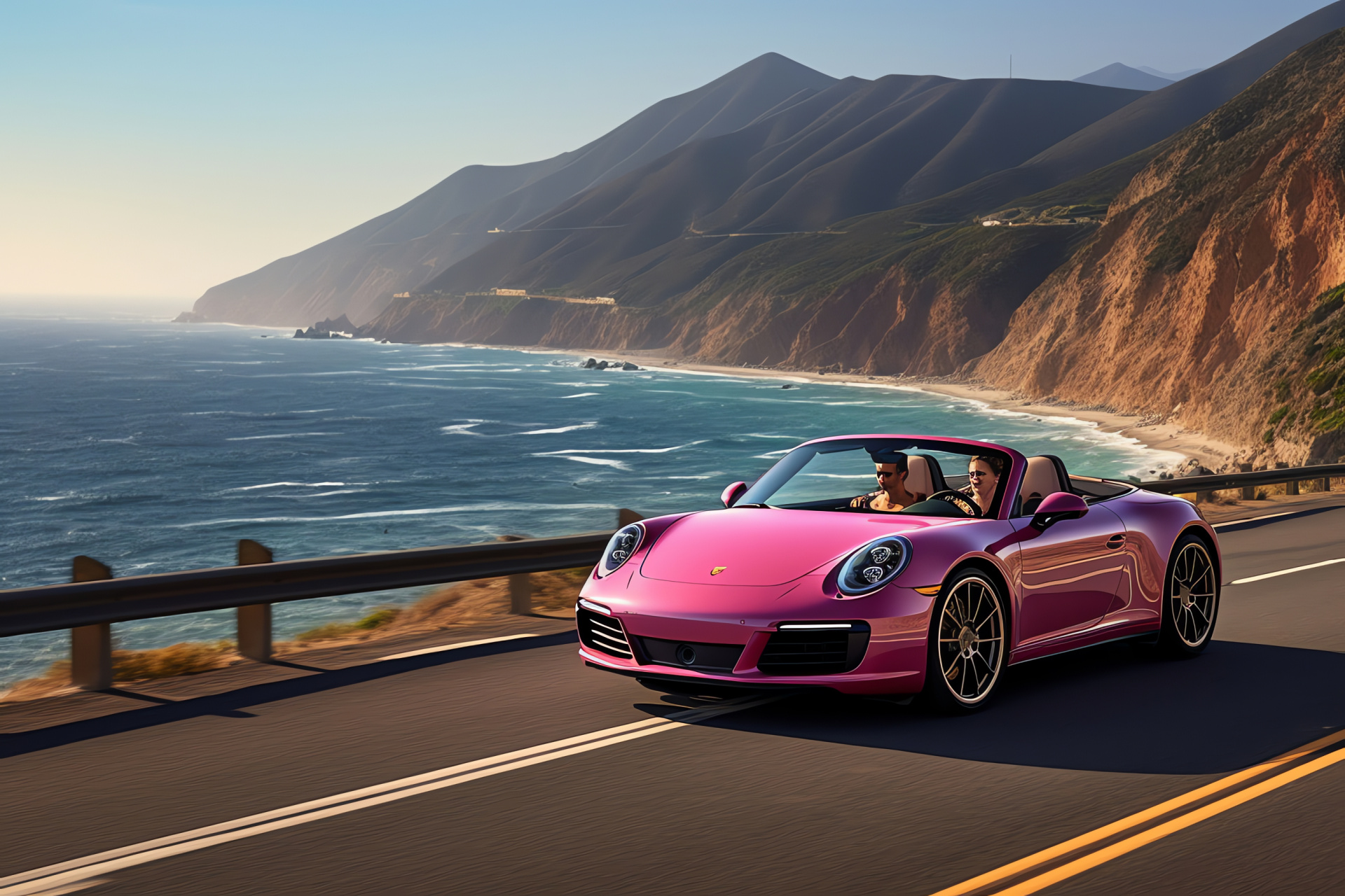 Pink Porsche 911 Carrera Cabriolet, California coastline, Luxury convertible, Ocean views, Road trip vibes, HD Desktop Image