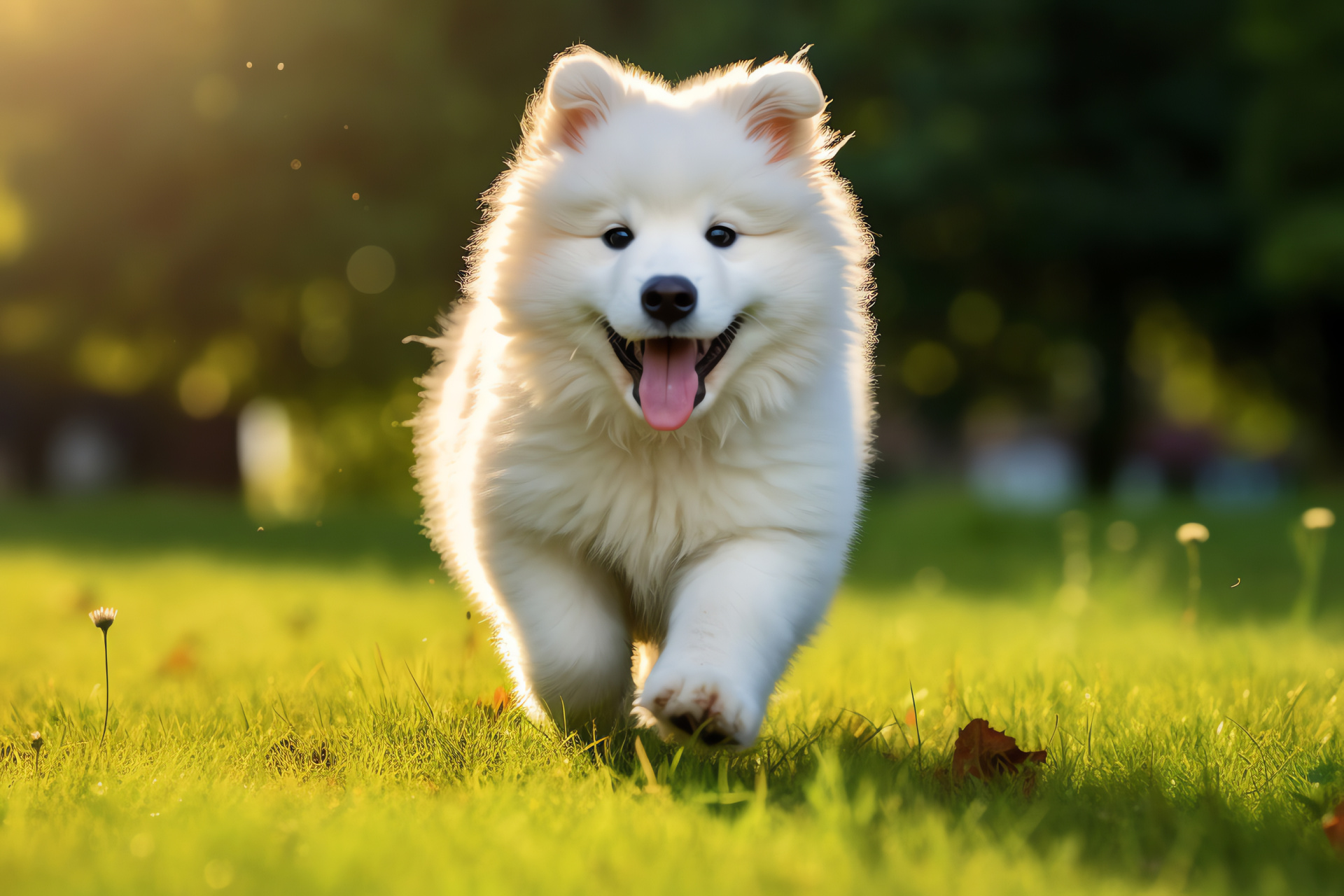 Samoyed pup, tawny gaze, fluffy semblance, cotton-like fur, verdant carpet, HD Desktop Image