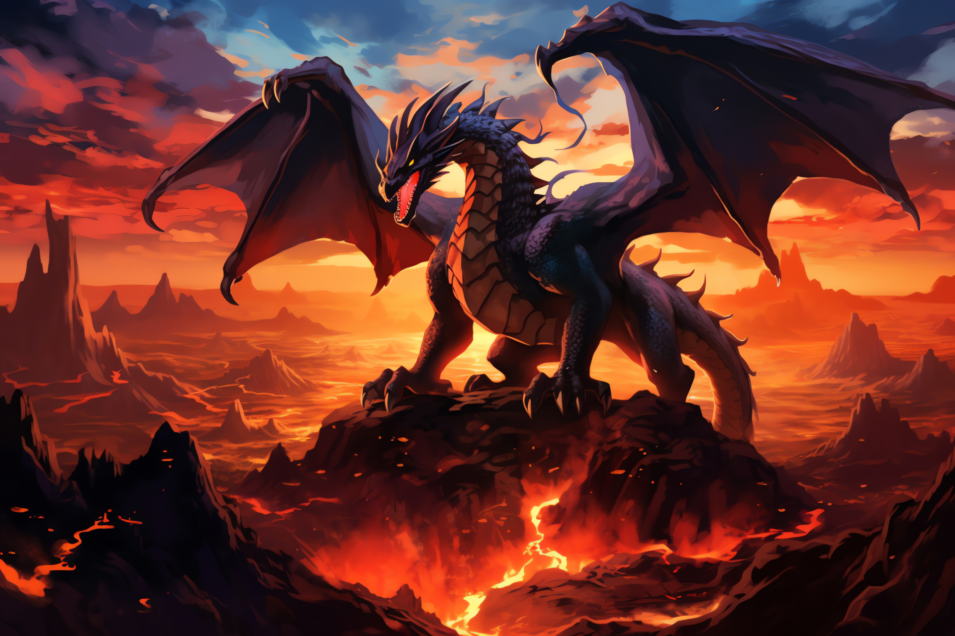 Mega Charizard domain, Volcanic range artwork, Stony perch, Lava stream visual, Menacing ambient light, HD Desktop Wallpaper