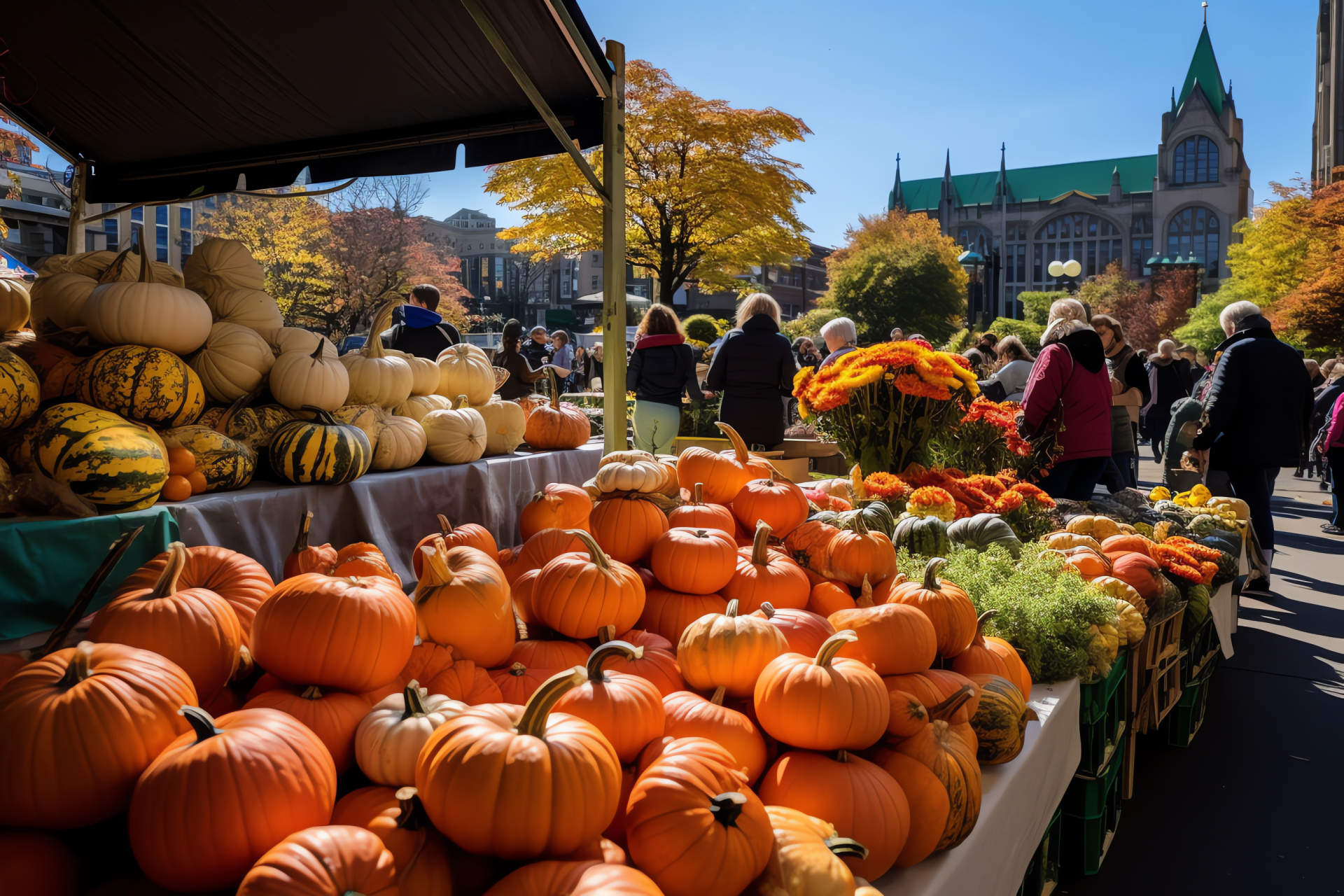 Harvest market, community celebration, autumn produce, culinary delights, seasonal joy, HD Desktop Image