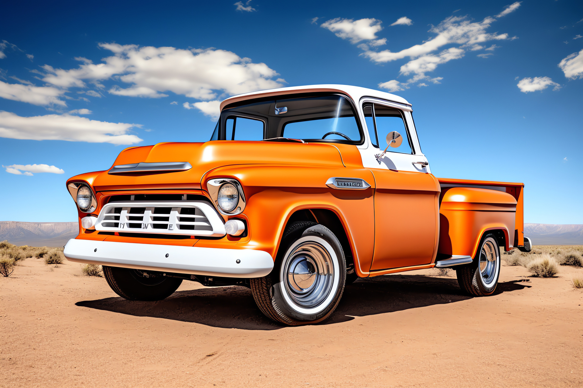 Vintage Chevrolet Cheyenne, panoramic shot, bright orange finish, clean white sheet, HD Desktop Image