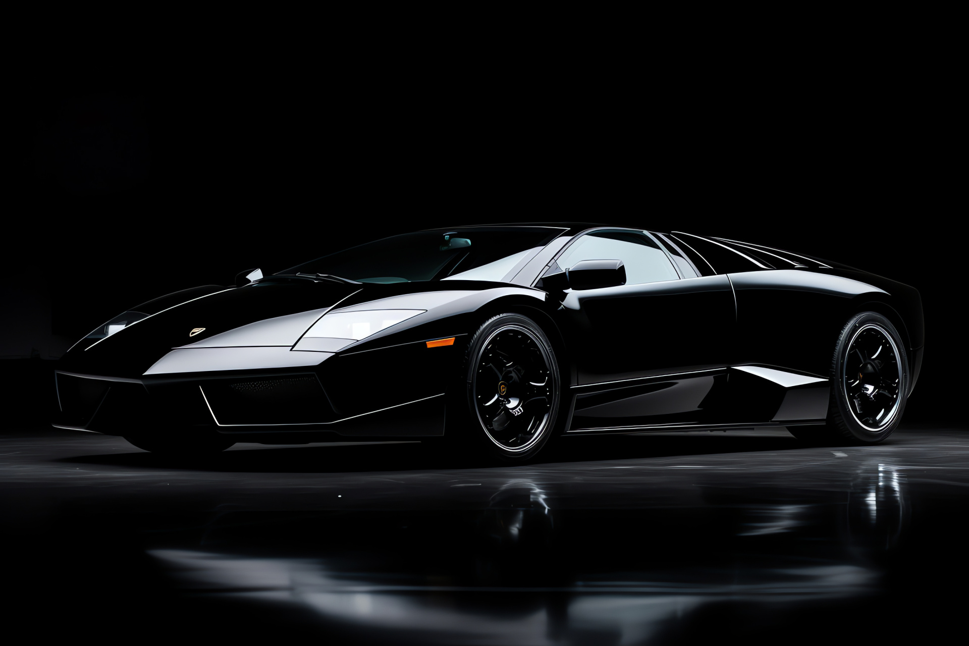 Murcielago display, black backdrop sophistication, modern design showcase, dynamic Italian supercar, automotive power, HD Desktop Wallpaper