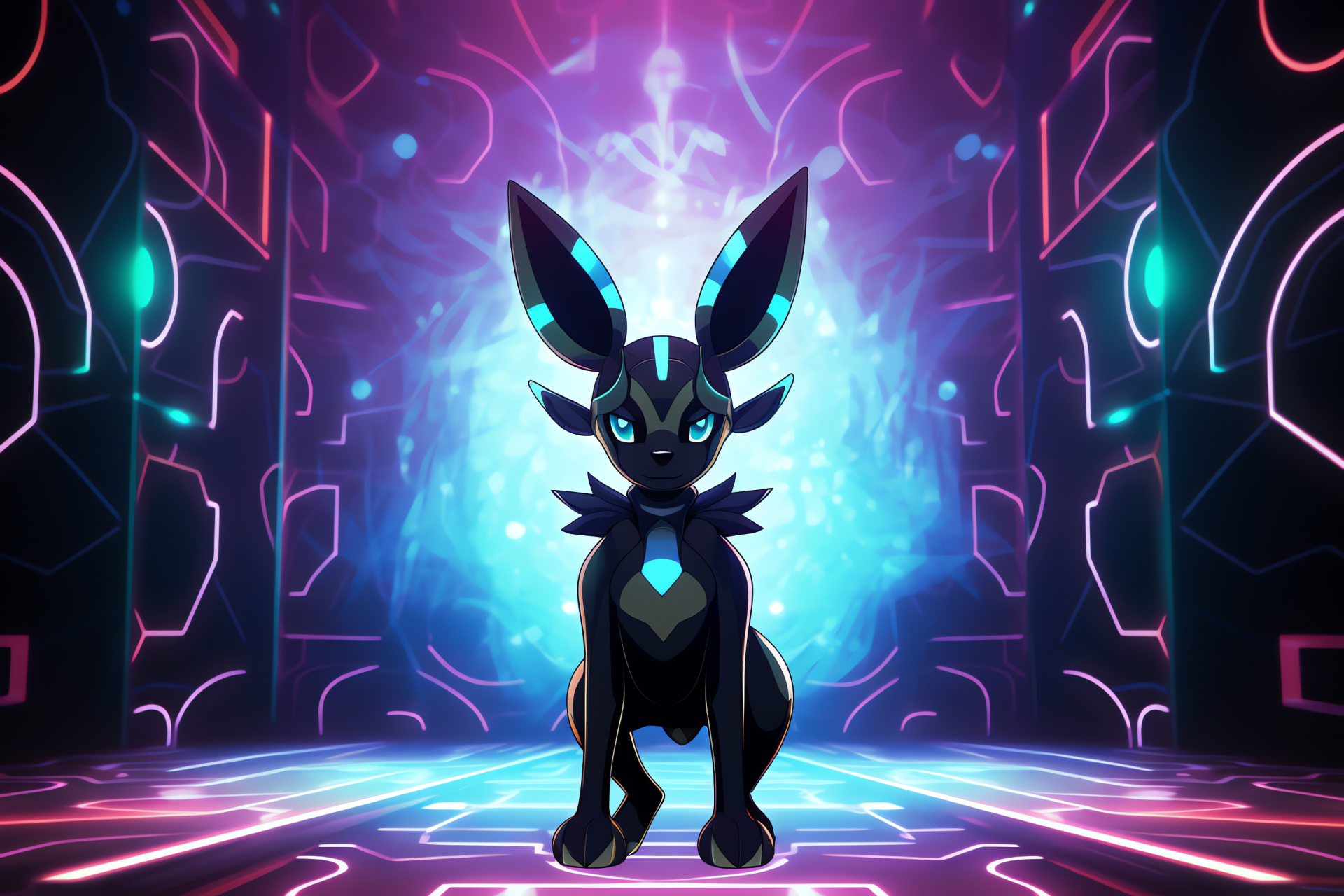 Intense Shiny Umbreon, Night-sky fur shades, Lustrous Eeveelution form, Pokemon battle aura, Neon-lit presence, HD Desktop Wallpaper