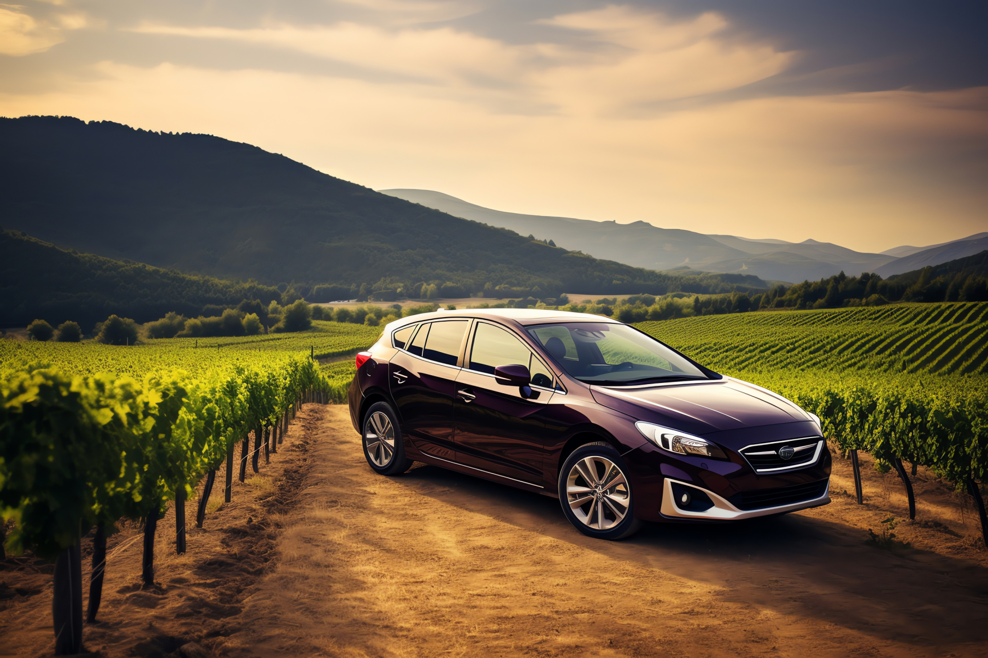 Subaru Impreza hatch, Tuscany vineyards, winding roads, aerodynamic contour, fuel economy benefit, HD Desktop Wallpaper