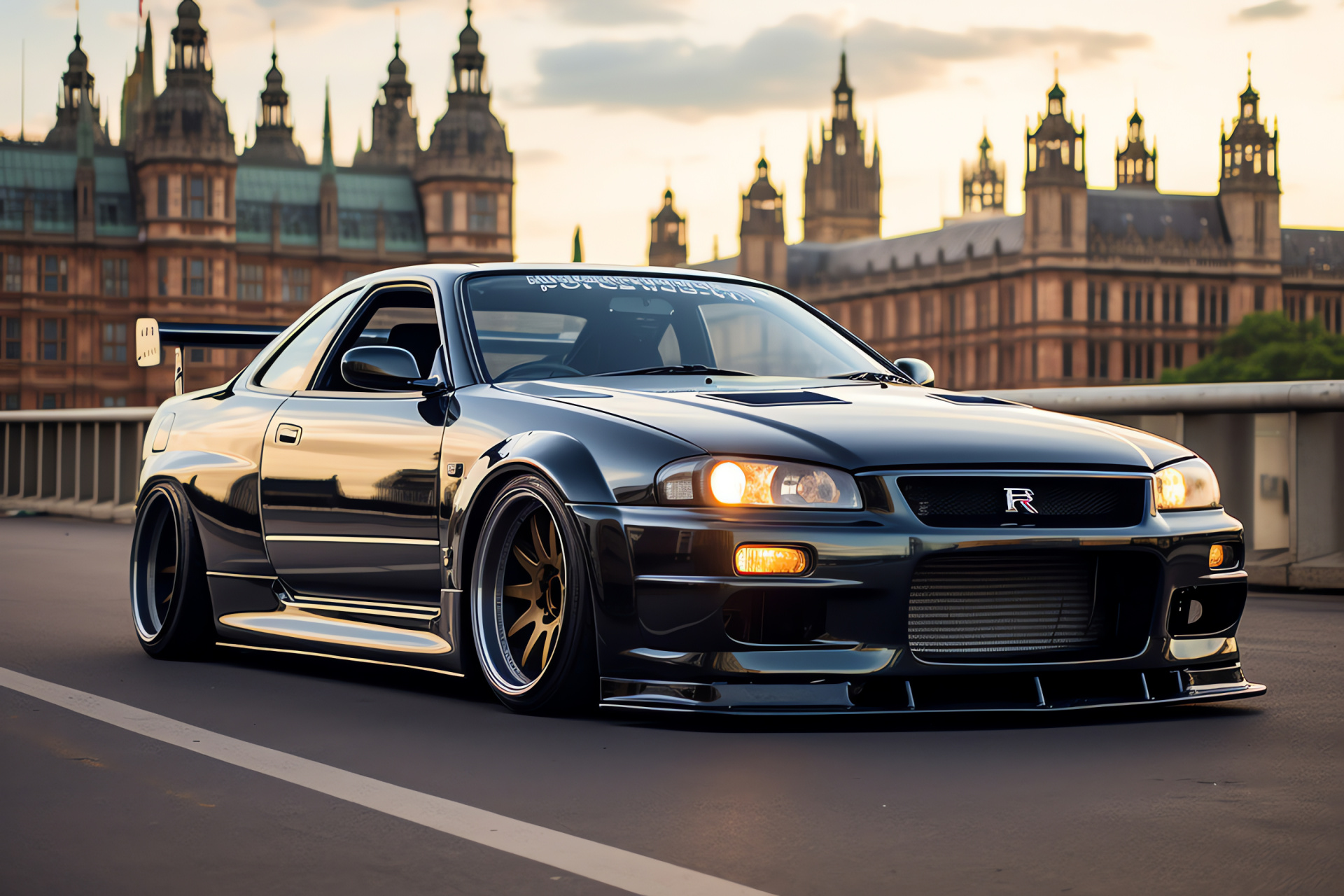 Nissan Skyline GTR R33, British capital milieu, Ground-level angle, Historical architecture, Urban road warrior, HD Desktop Wallpaper