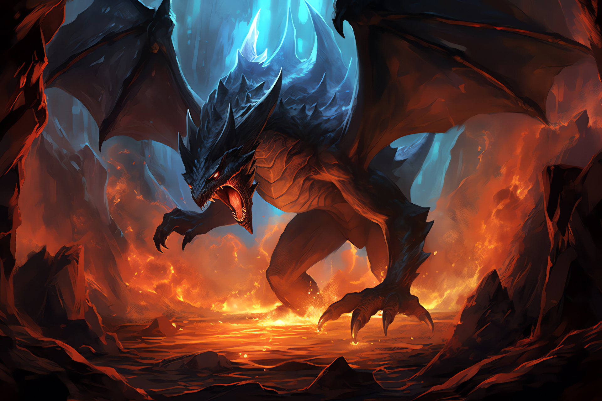 Gaming behemoth Mega Charizard, cavernous lair, igneous exhale, digital world, HD Desktop Image