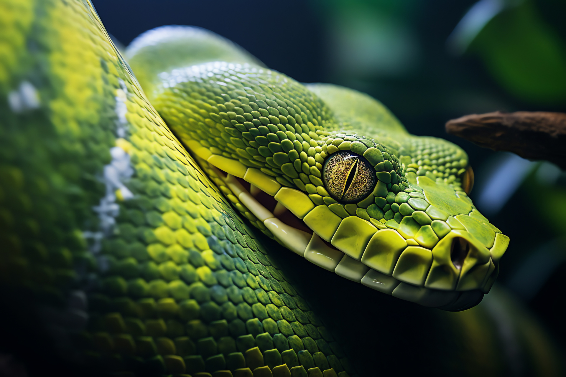 Green tree python, Python jungle habitat, Snake green yellow pattern, Python emerald gaze, Rainforest serpent, HD Desktop Image