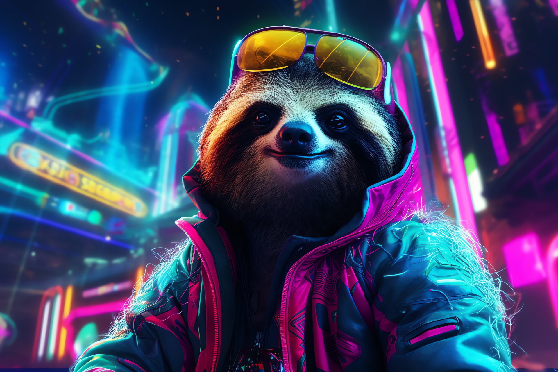 Extraterrestrial sloth, Celestial mammal, Galactic metropolis, Cosmic wildlife, Futuristic creature, HD Desktop Image