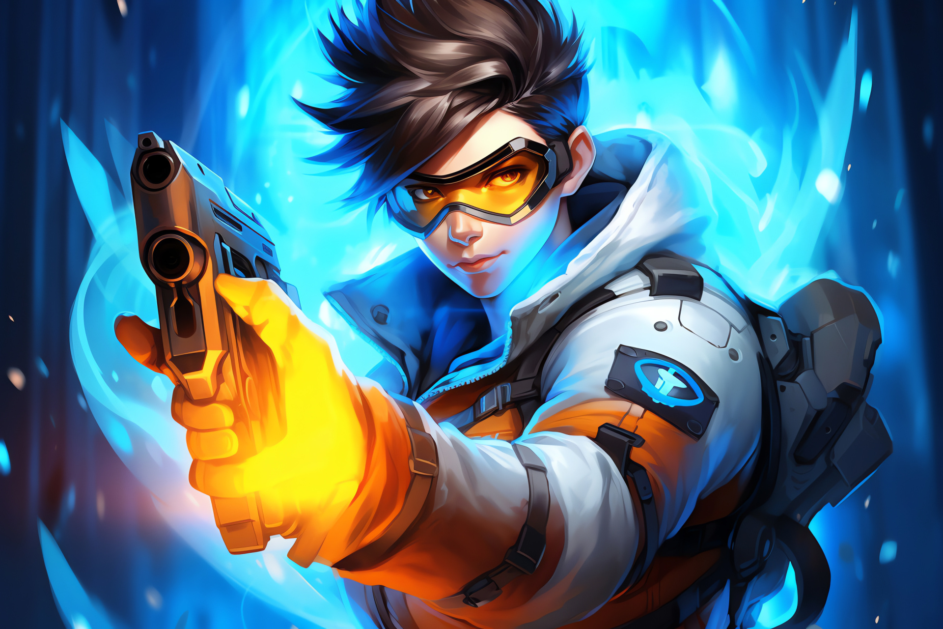 Overwatch key avatar, Bold visual theme, Dramatic display, Tracer's game stance, Dual-hued illustration, HD Desktop Image