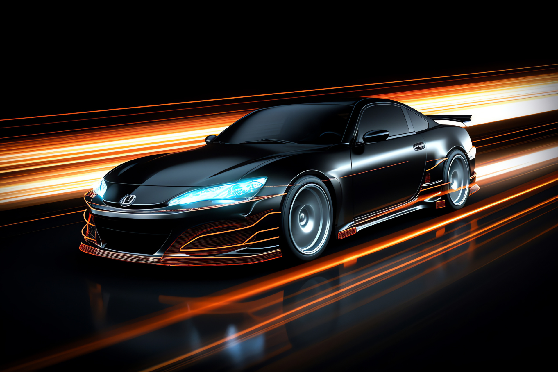 S15 Silvia black edition, High angle exposition, Shiny black surface, Luminous line art, Performance coupe, HD Desktop Wallpaper