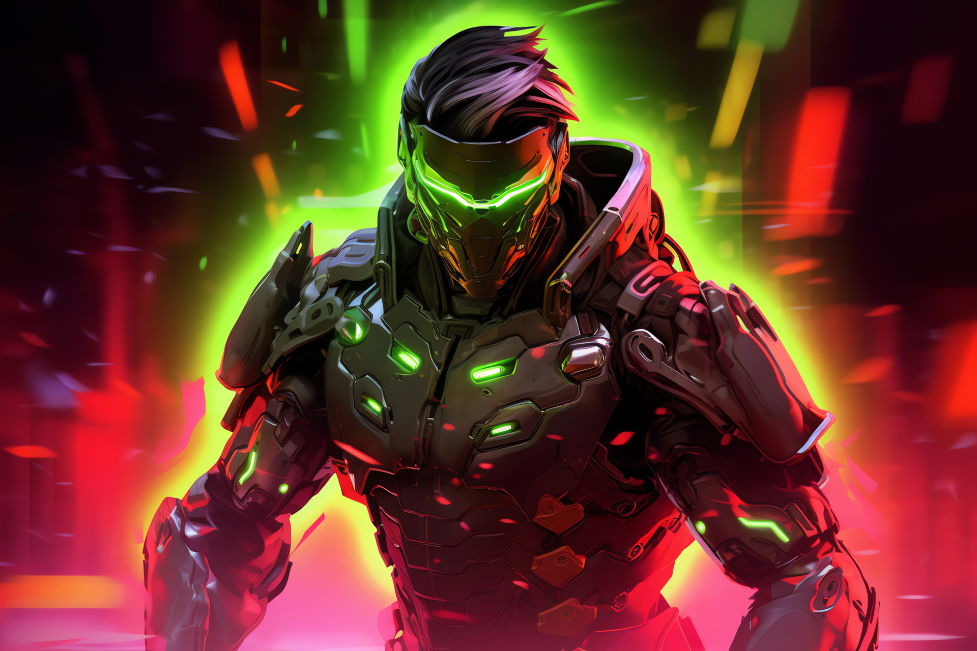 Cyber-warrior Genji, Overwatch game, gleaming lights, ninja stars, gaming backdrop, HD Desktop Wallpaper