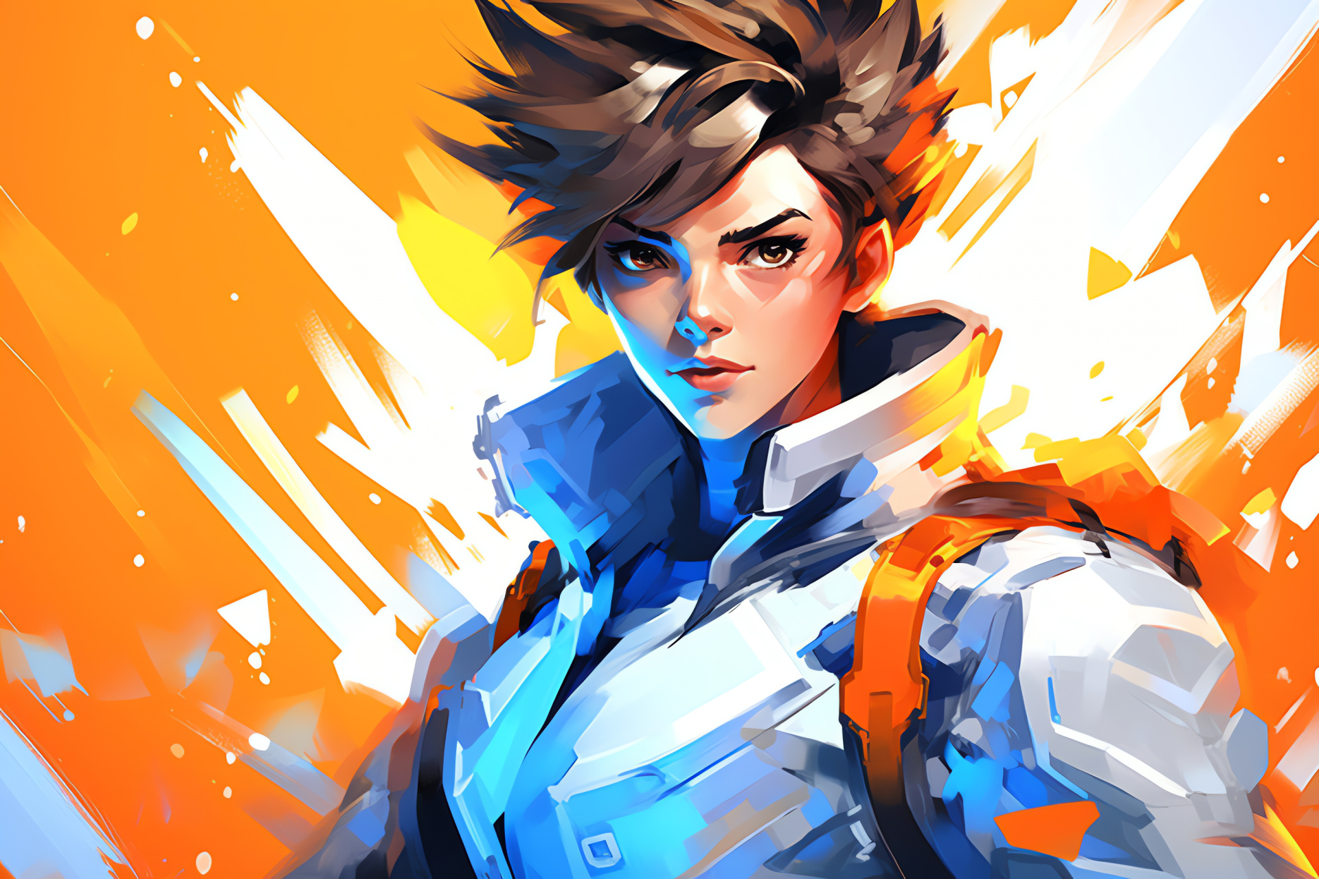 Tracer of Overwatch fame, Determined game figure, Penetrating blue gaze, Athletic stance capture, Stark hair silhouette contrast, HD Desktop Image