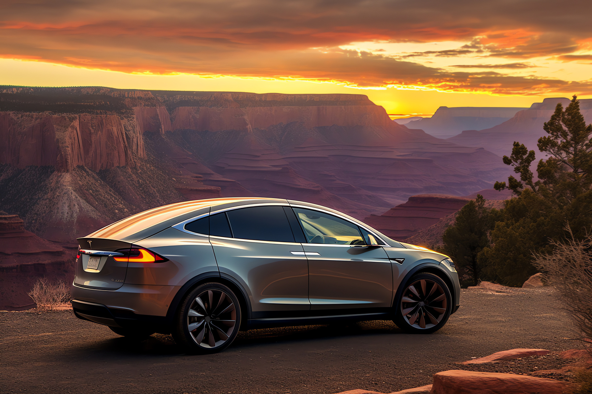 Tesla, Model X, Electric sport utility vehicle, Majestic canyon, Energy efficient transport, HD Desktop Wallpaper