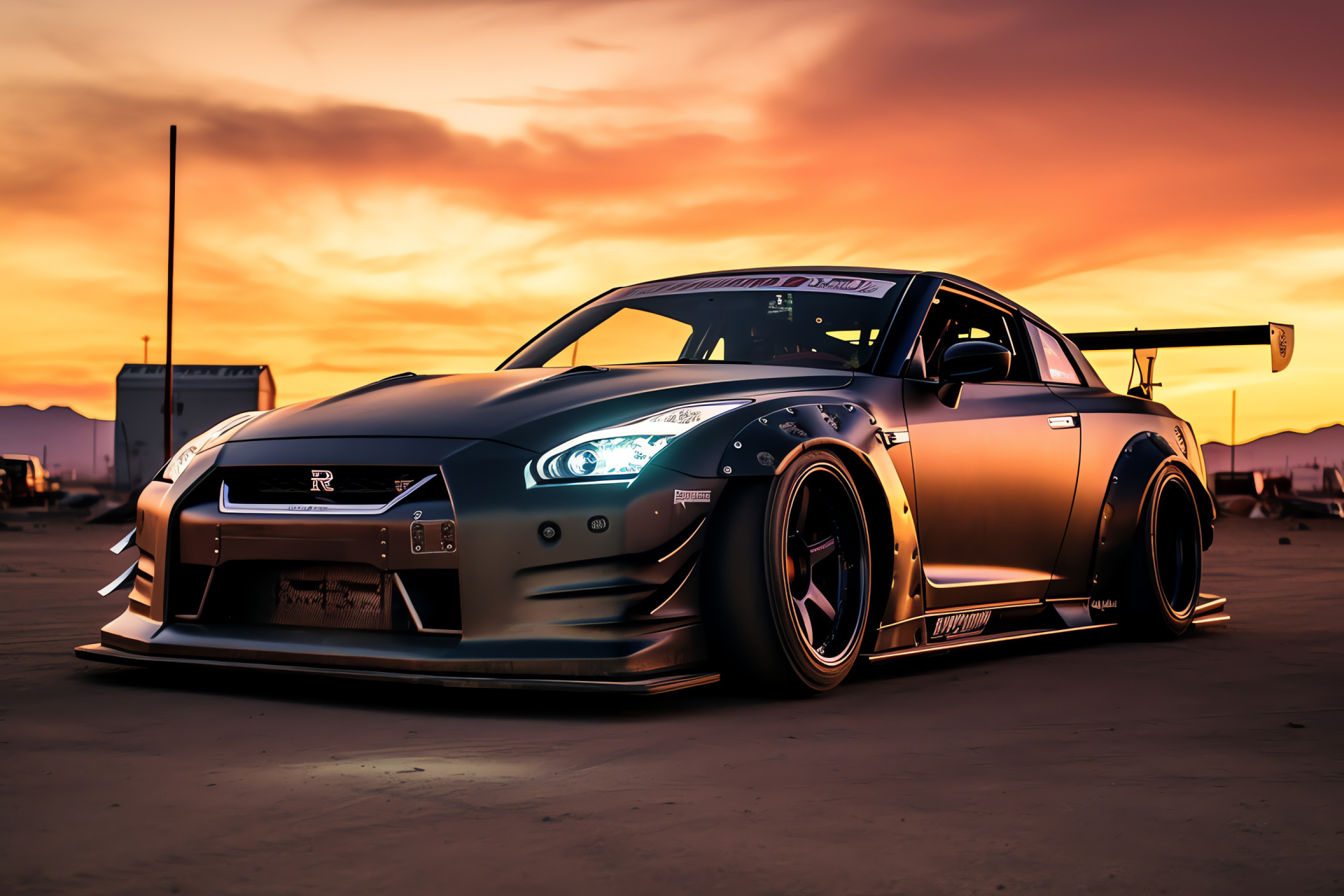 Nissan GTR Liberty Walk on Route 66, American road trip, High-performance kit, Engine power showcase, Diner culture, HD Desktop Image