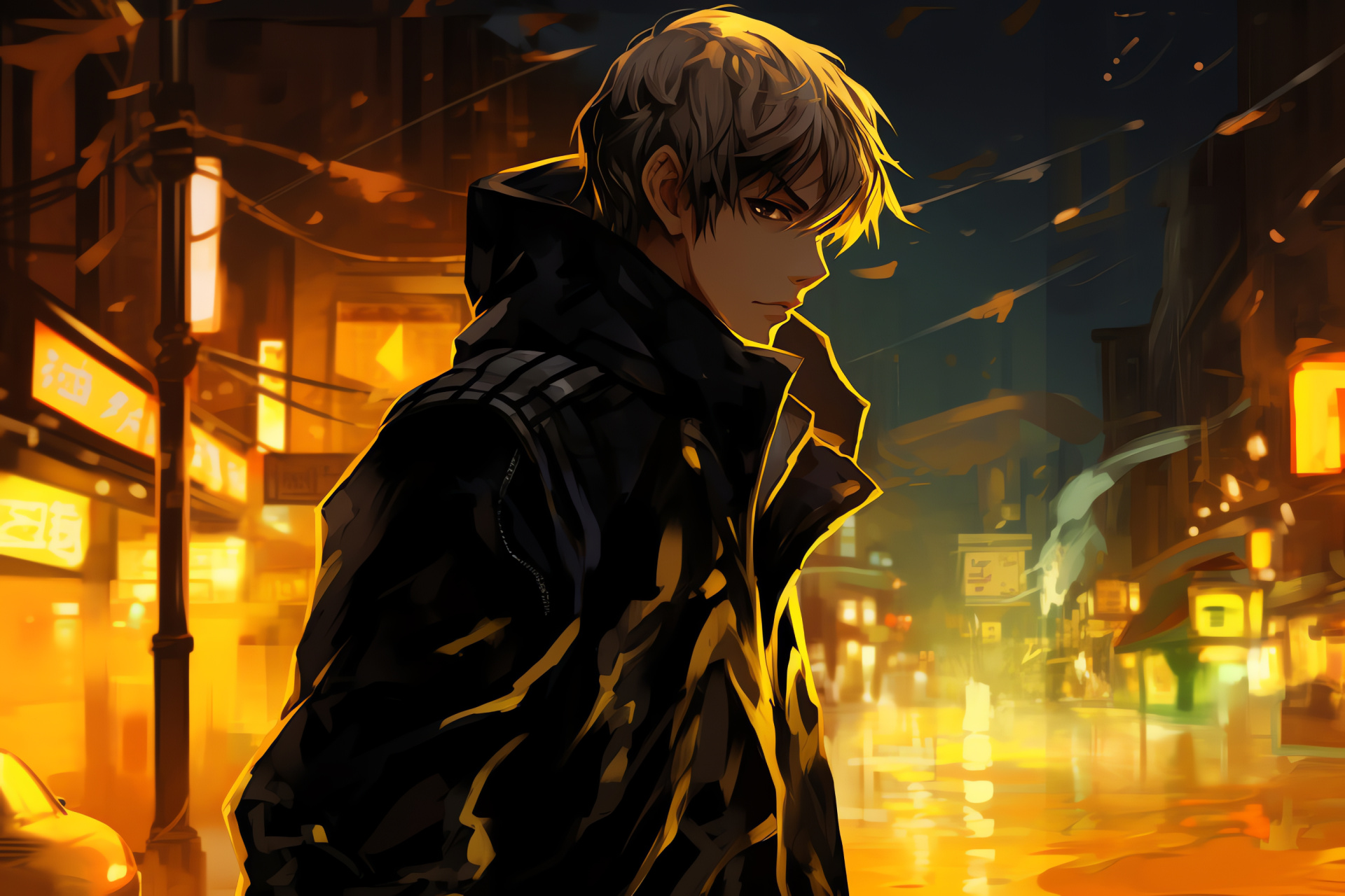 Persona 4 Golden Vita, Courageous lead, Rural Inaba setting, Mist-veiled roads, Night illumination, HD Desktop Wallpaper