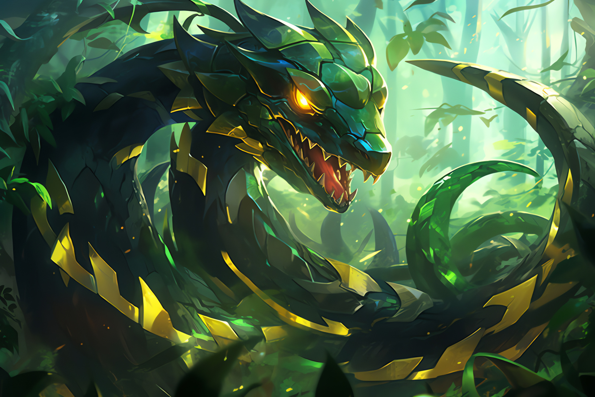 Fantasy Rayquaza, hidden grove, radiant verdant scales, natural canopy, daylight filtering, HD Desktop Image